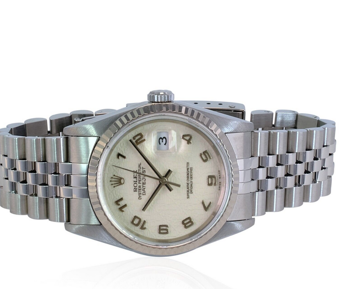 Rolex Men's Datejust Cream Jubilee Dial 18KW Gold Fluted 36mm Watch Complete - luxuriantconcierge