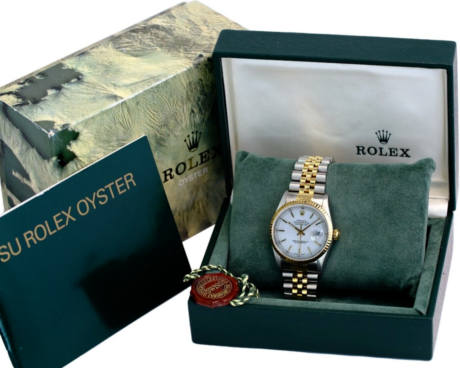 Rolex Men's Datejust White Index Dial 18KY Gold Fluted Bezel 36mm Watch W/ Box - luxuriantconcierge