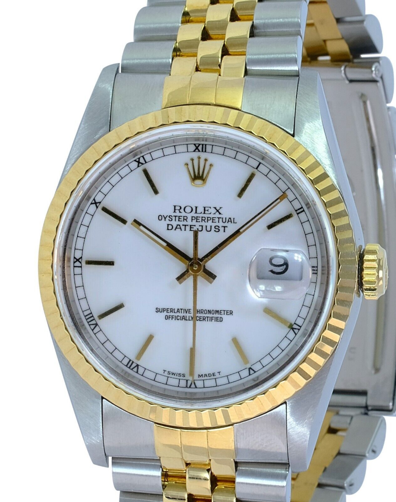 Rolex Men's Datejust White Index Dial 18KY Gold Fluted Bezel 36mm Watch W/ Box - luxuriantconcierge