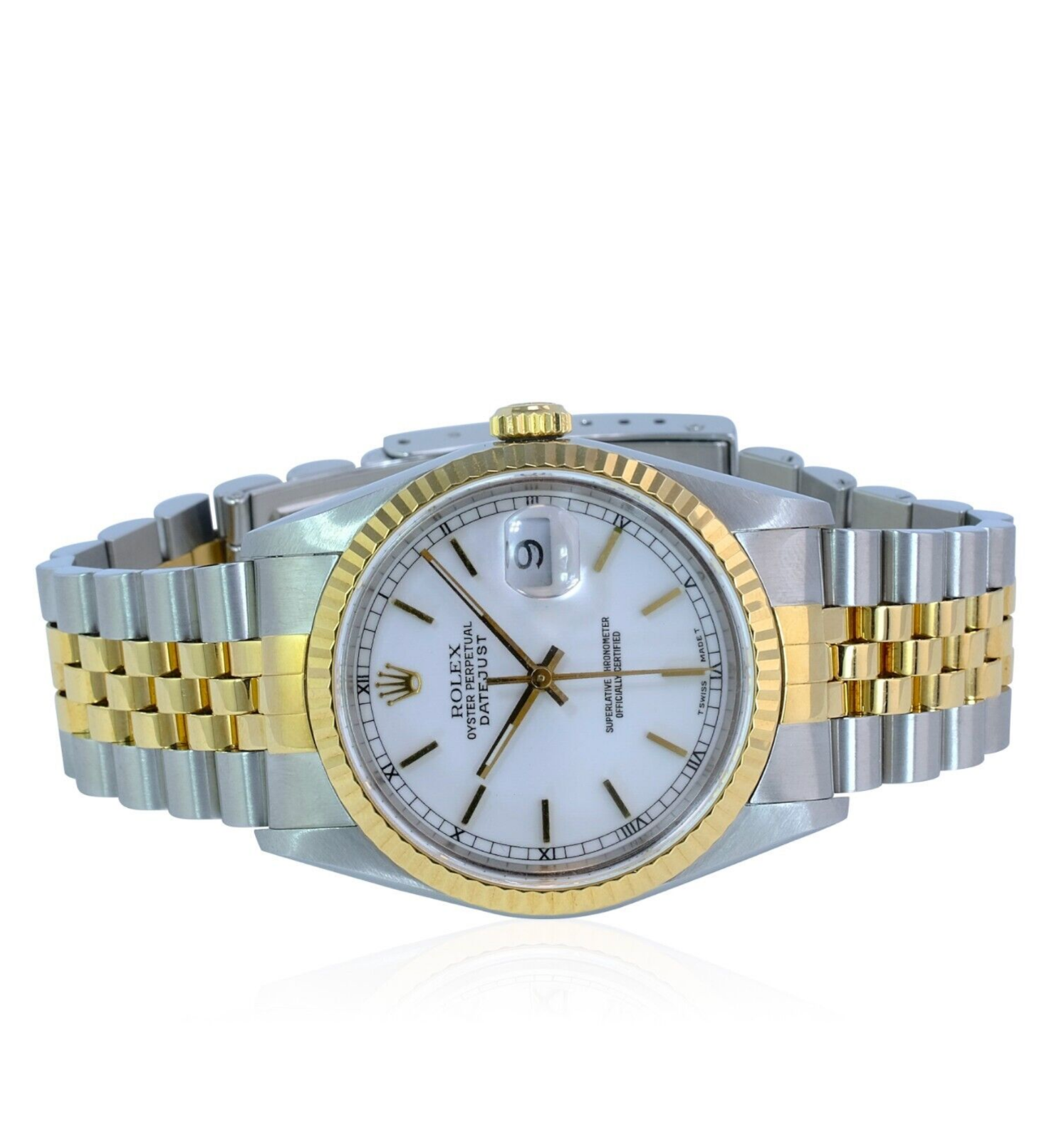 Rolex Men's Datejust White Index Dial 18KY Gold Fluted Bezel 36mm Watch W/ Box - luxuriantconcierge