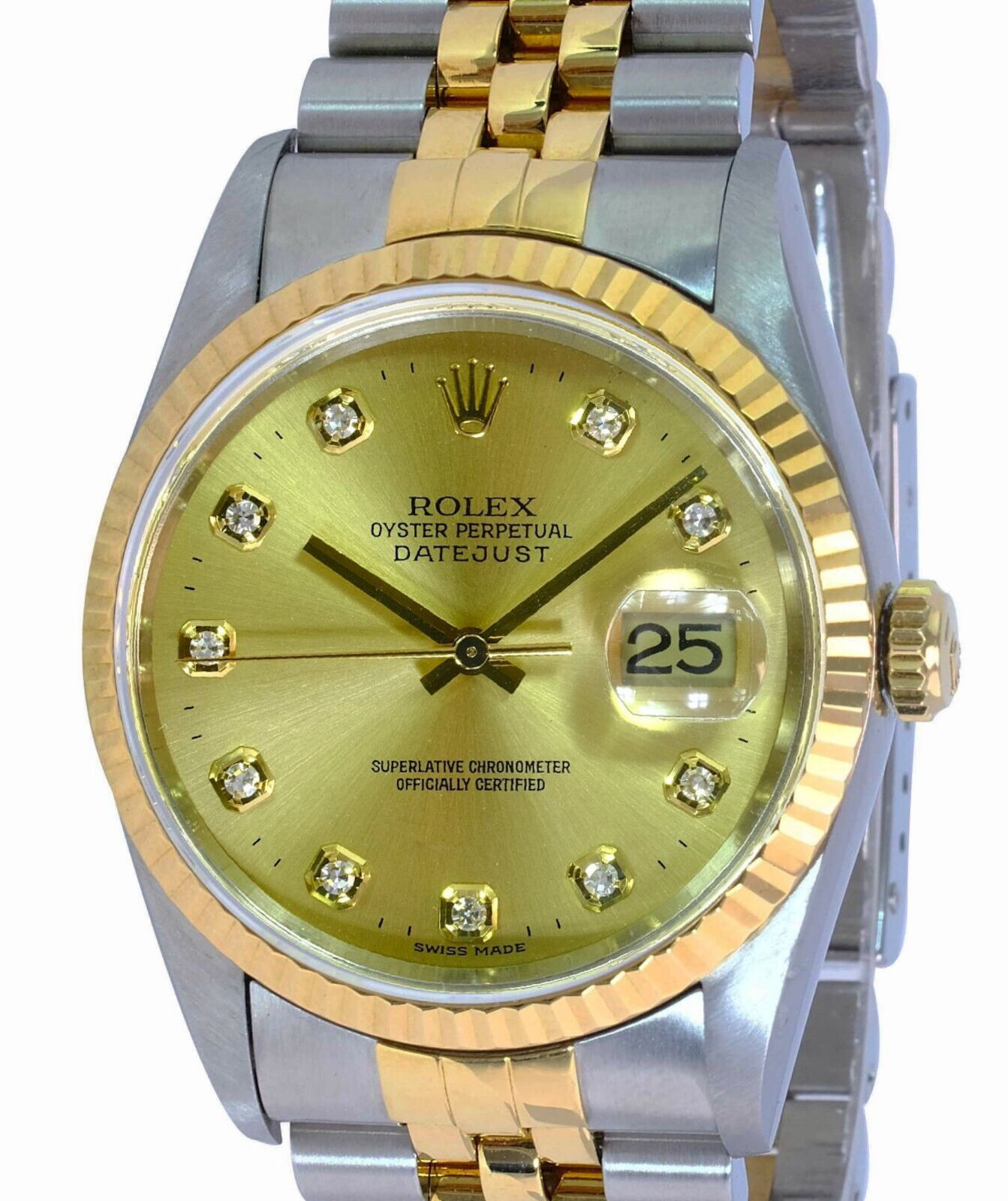 Rolex Men's Datejust Factory Champagne Diamond Fluted Bezel 36mm Watch W/ Box - luxuriantconcierge