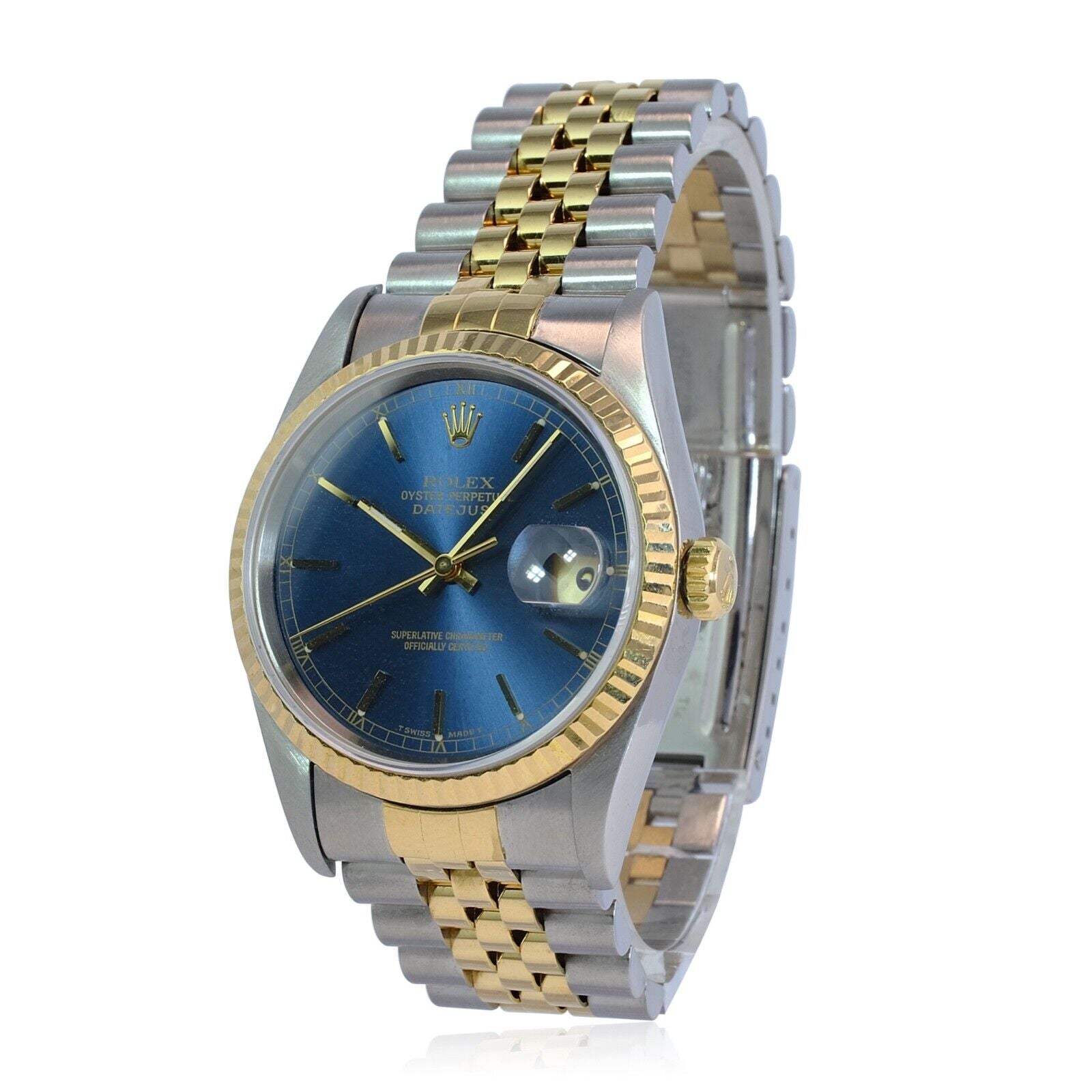 All Factory Rolex Datejust Mens 16233 18KY & SS Blue Index Dial Fluted Jubilee - luxuriantconcierge