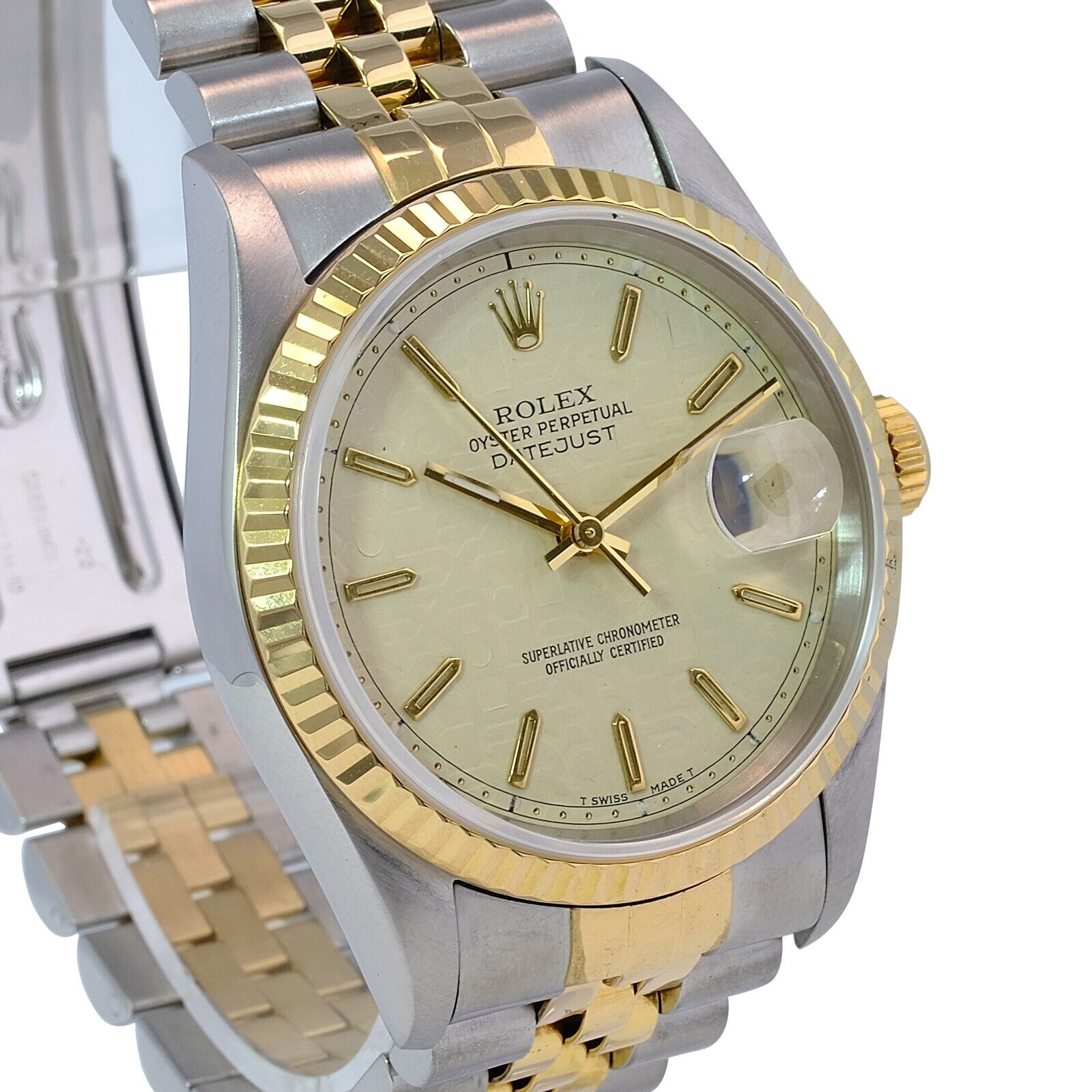 Rolex Datejust 16233 Watch 18KY & SS Cream Jubilee Index Dial Fluted Bezel 36mm - luxuriantconcierge