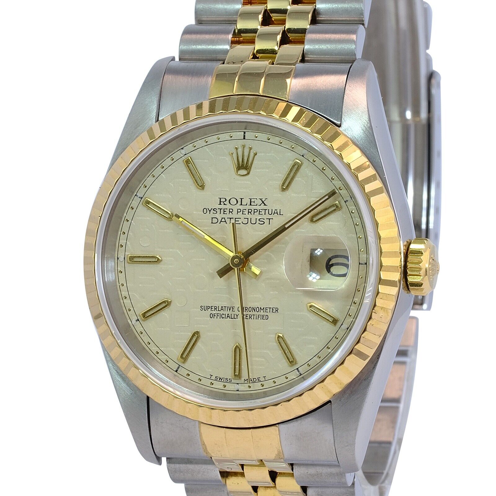 Rolex Datejust 16233 Watch 18KY & SS Cream Jubilee Index Dial Fluted Bezel 36mm - luxuriantconcierge