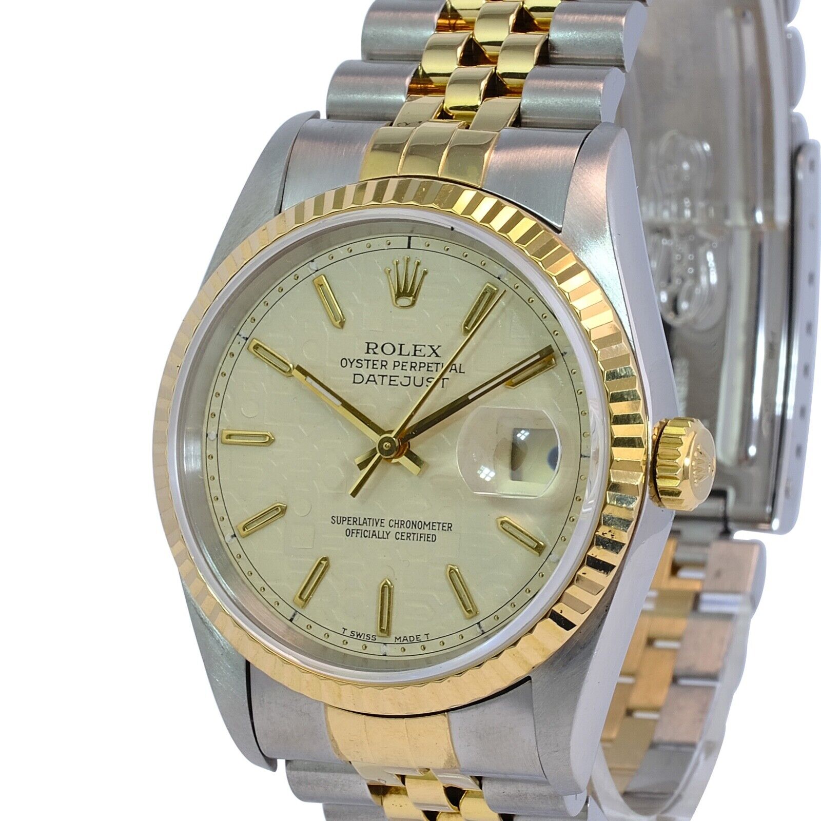 Rolex Datejust 16233 Watch 18KY & SS Cream Jubilee Index Dial Fluted Bezel 36mm - luxuriantconcierge