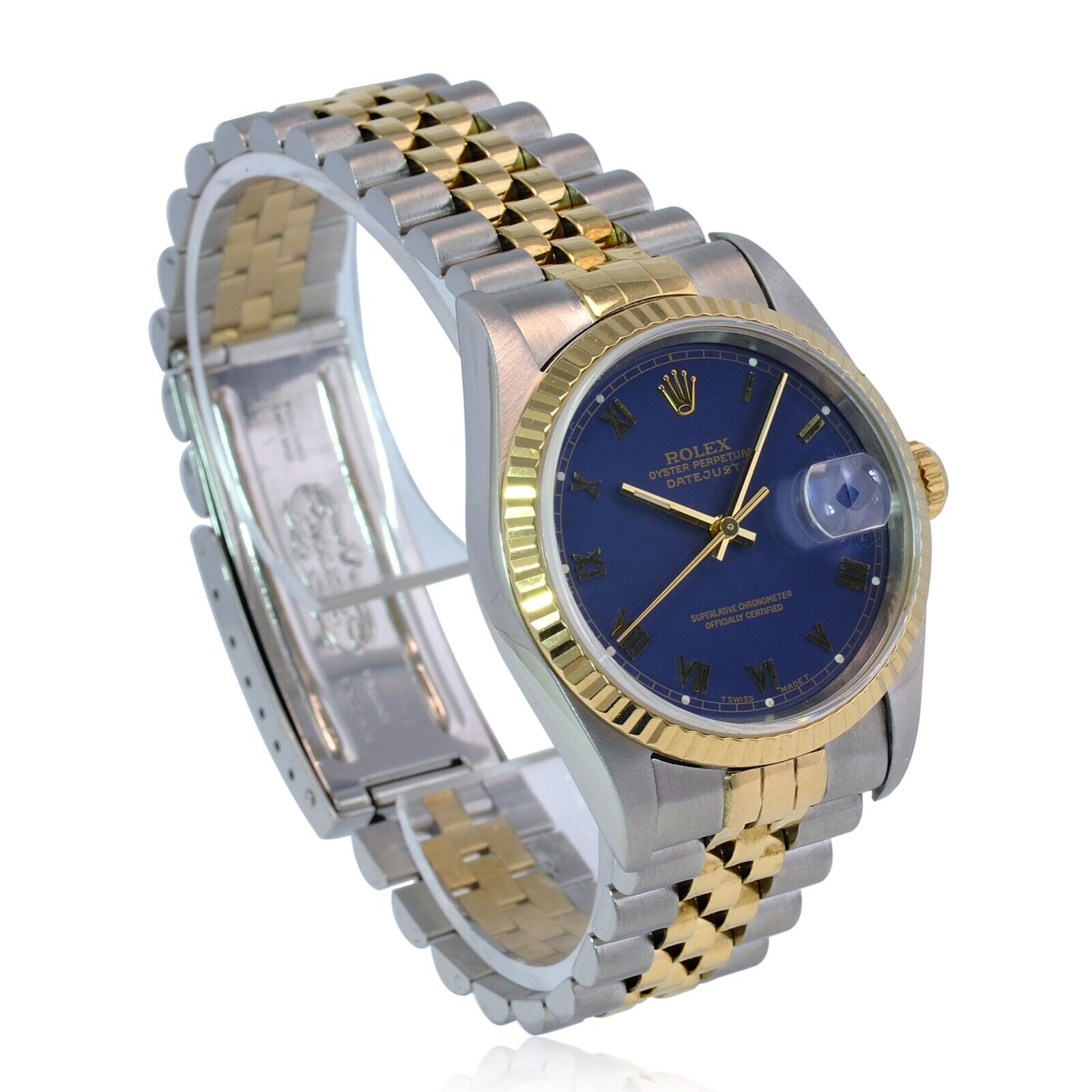 Rolex Datejust Mens 16233 Blue Diamond Dial Fluted Bezel Jubilee Watch 36mm - luxuriantconcierge