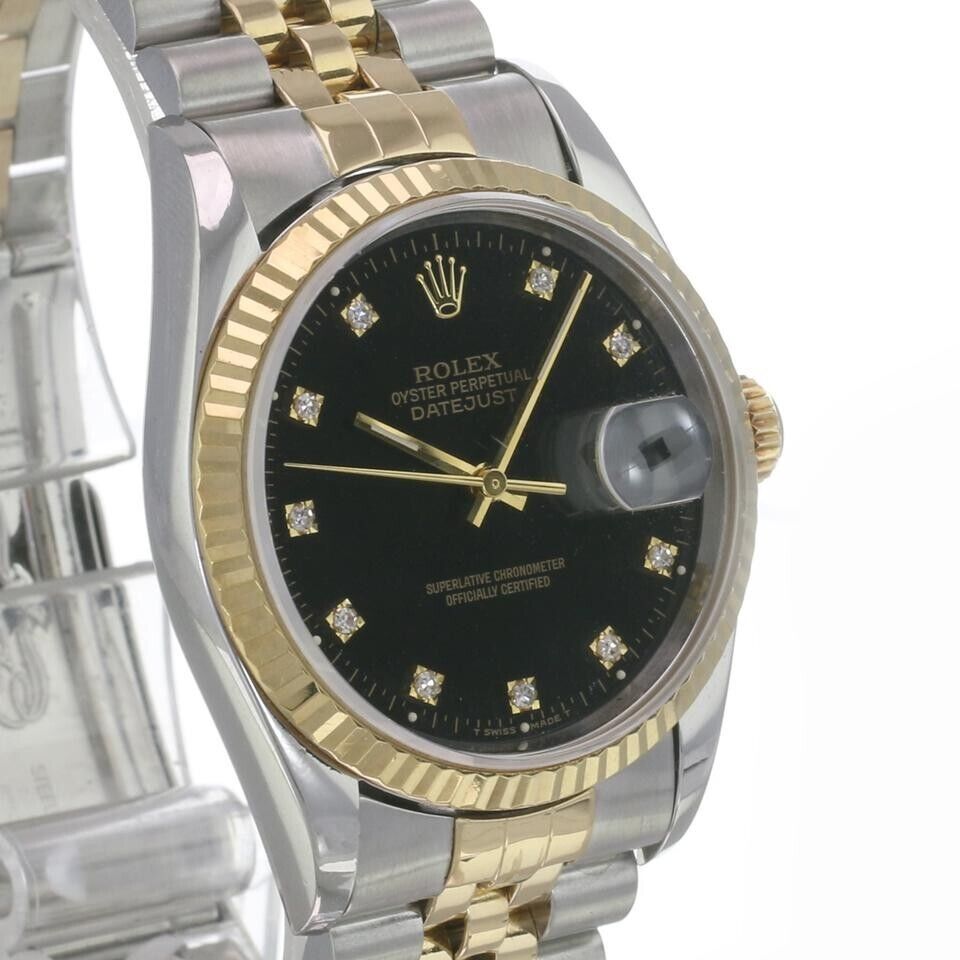 Rolex Men's Datejust Black Diamond Dial SS & 18KY Gold Fluted Bezel 36mm Watch - luxuriantconcierge