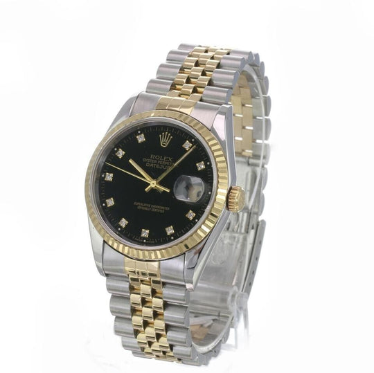 Rolex Men's Datejust Black Diamond Dial SS & 18KY Gold Fluted Bezel 36mm Watch - luxuriantconcierge