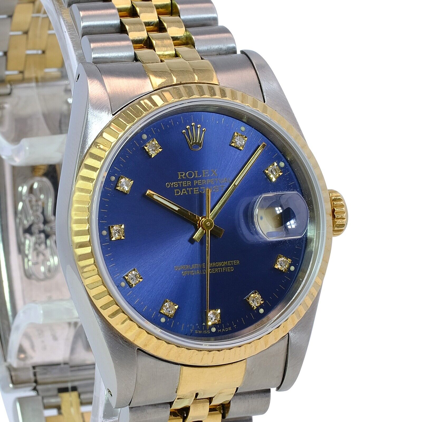 Rolex Datejust Mens 16233 Blue Diamond Dial Fluted Bezel Jubilee Watch 36mm - luxuriantconcierge