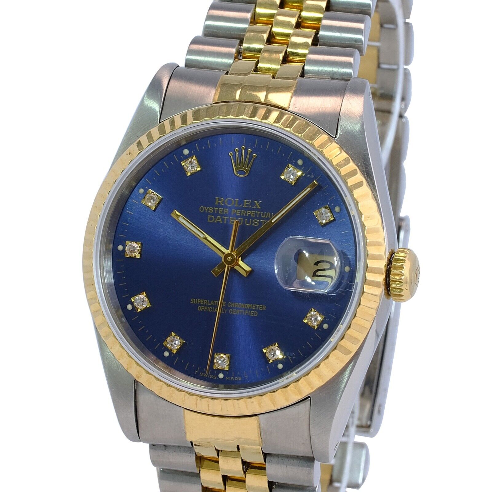 Rolex Datejust Mens 16233 Blue Diamond Dial Fluted Bezel Jubilee Watch 36mm - luxuriantconcierge