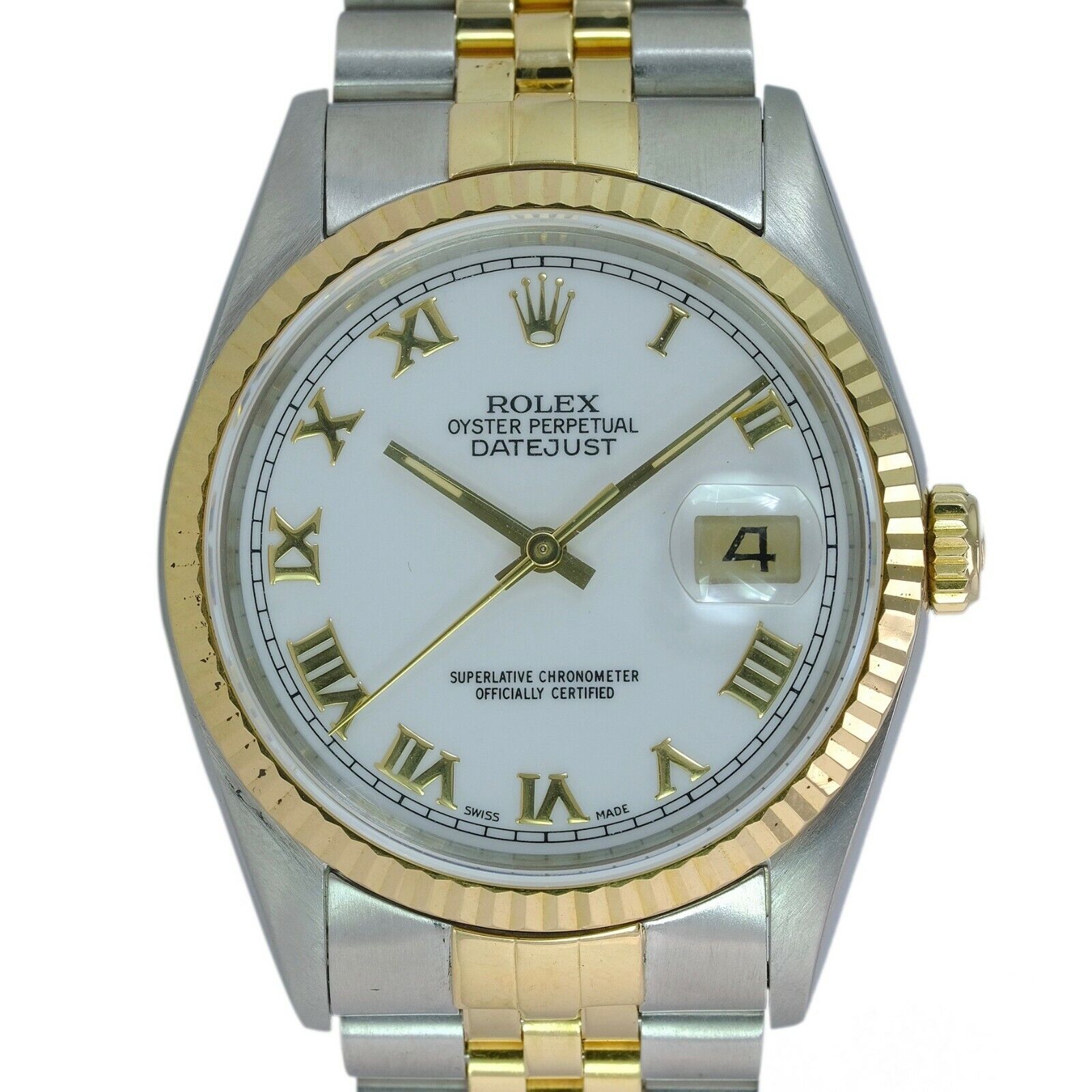 Rolex Datejust Mens White Roman Numeral Dial 18KY Gold & Steel Watch 16233 36mm - luxuriantconcierge