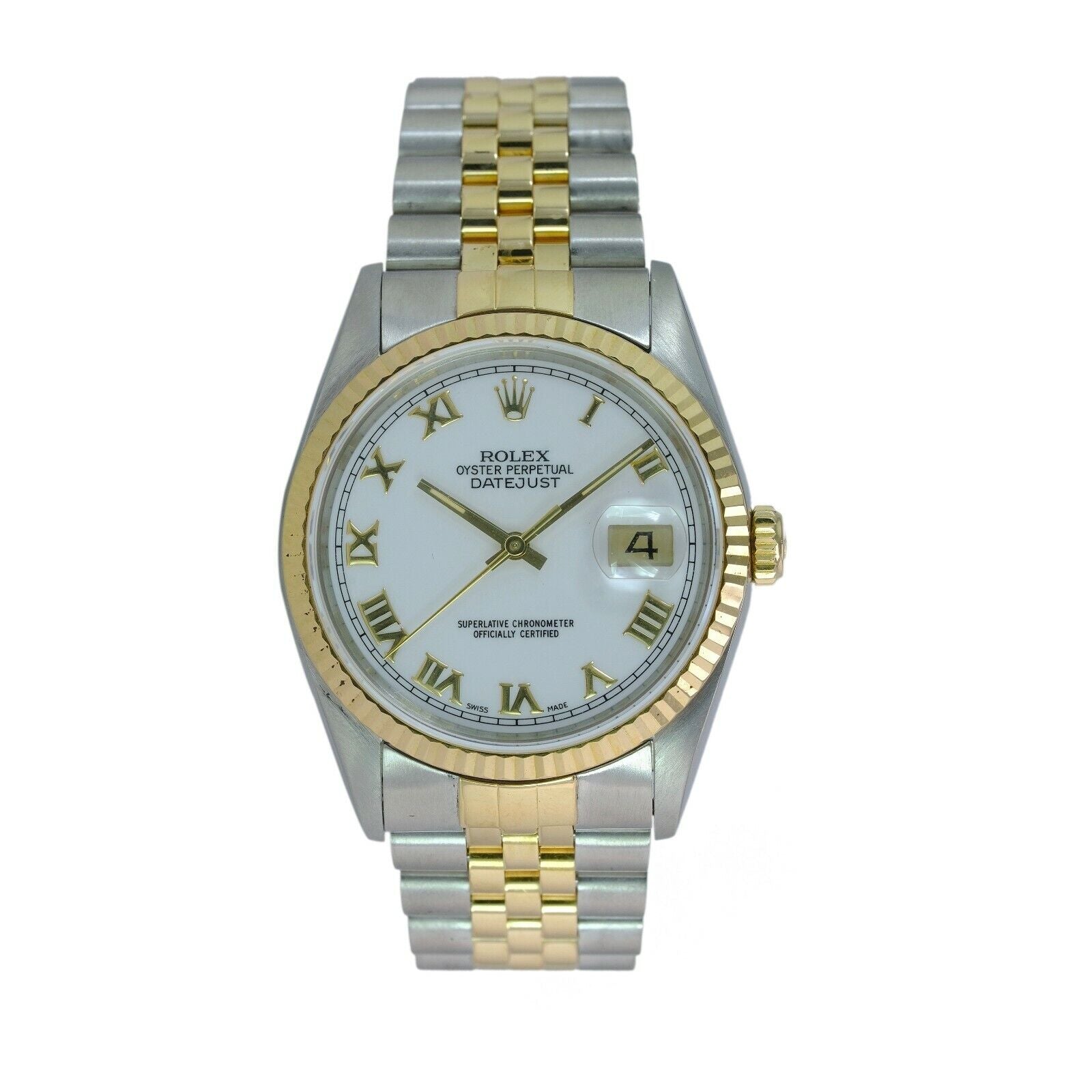 Rolex Datejust Mens White Roman Numeral Dial 18KY Gold & Steel Watch 16233 36mm - luxuriantconcierge