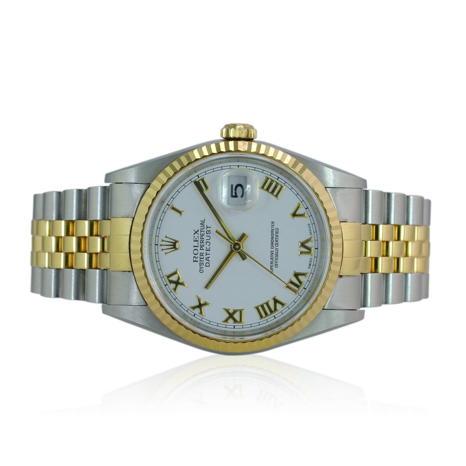 Rolex Datejust Mens White Roman Numeral Dial 18KY Gold & Steel Watch 16233 36mm - luxuriantconcierge