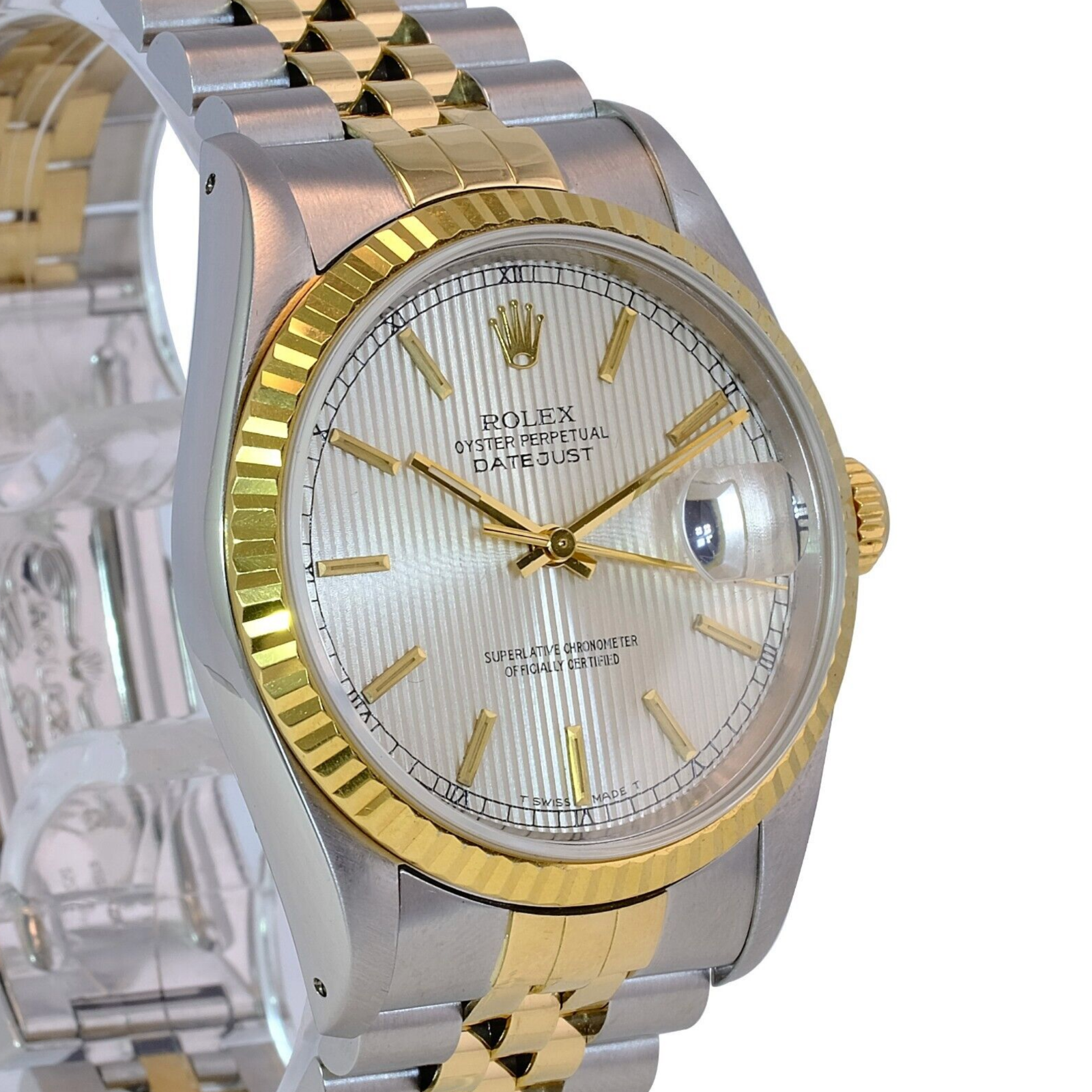 Rolex Men's Datejust 16233 Silver Tapestry Index Dial 18KY Gold Bezel 36mm Watch - luxuriantconcierge