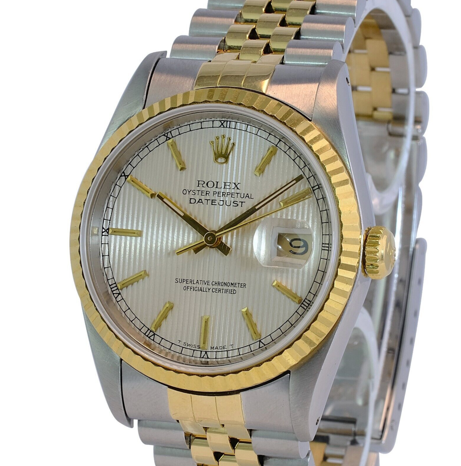 Rolex Men's Datejust 16233 Silver Tapestry Index Dial 18KY Gold Bezel 36mm Watch - luxuriantconcierge