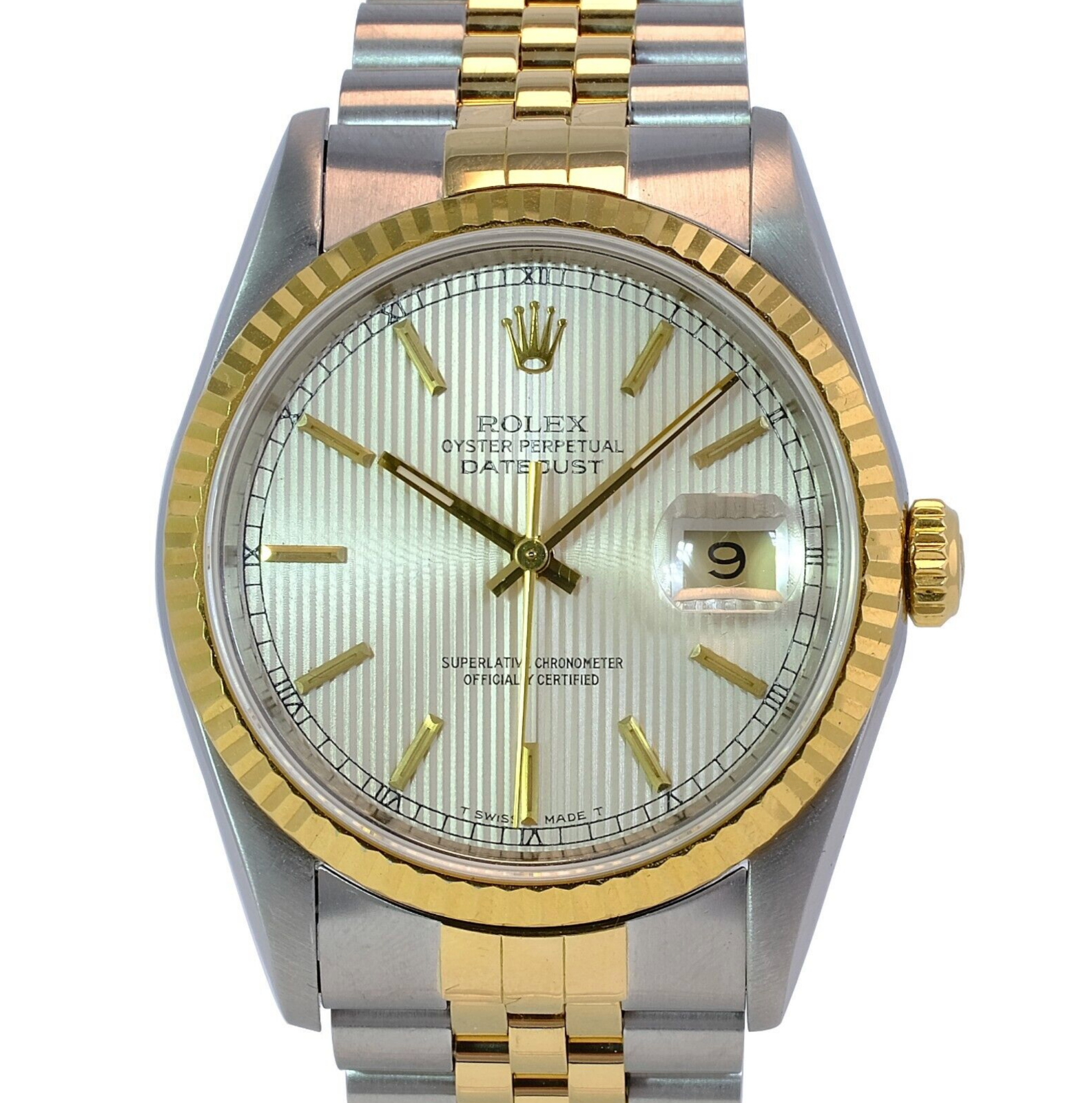 Rolex Men's Datejust 16233 Silver Tapestry Index Dial 18KY Gold Bezel 36mm Watch - luxuriantconcierge