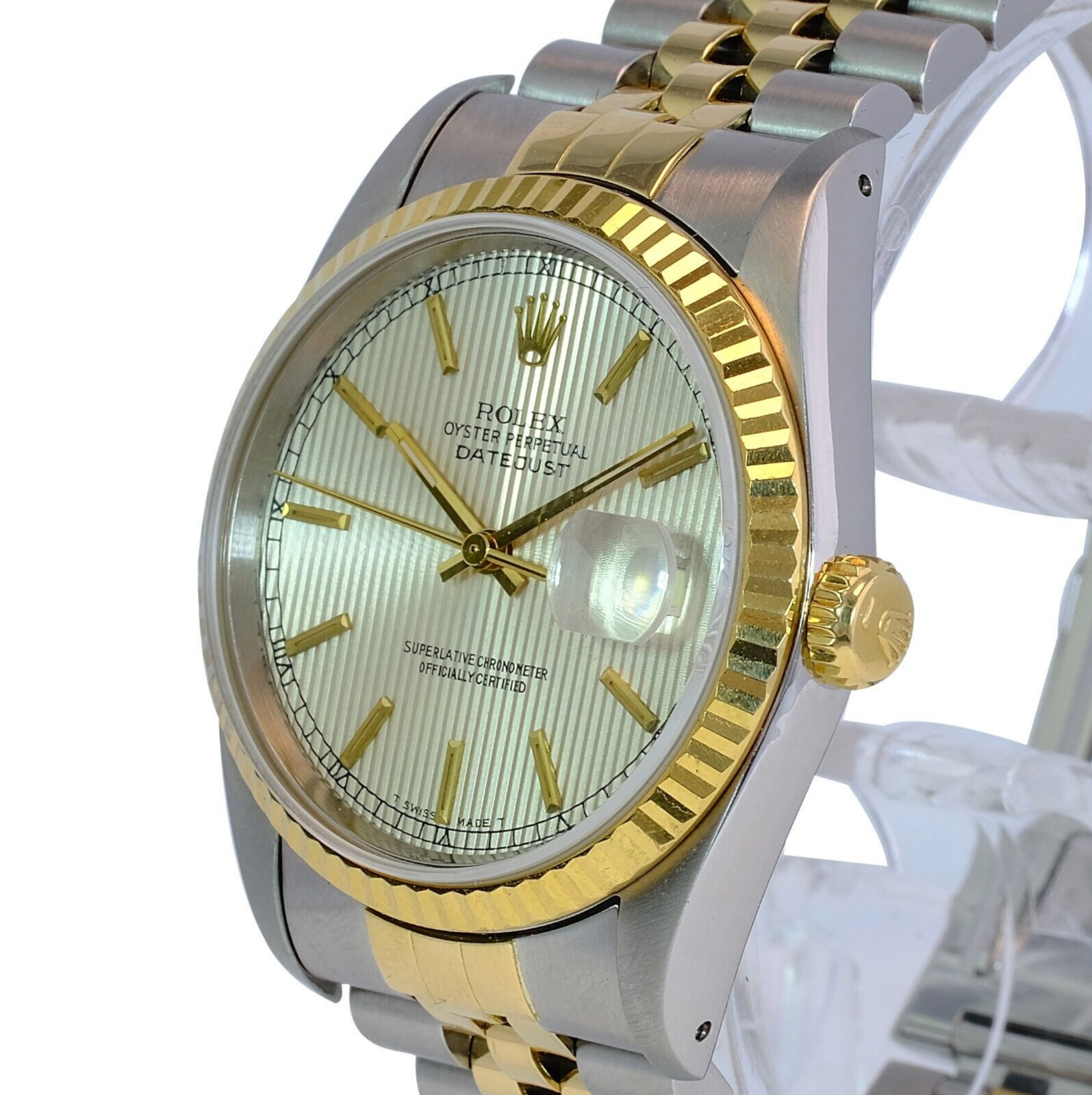 Rolex Men's Datejust 16233 Silver Tapestry Index Dial 18KY Gold Bezel 36mm Watch - luxuriantconcierge