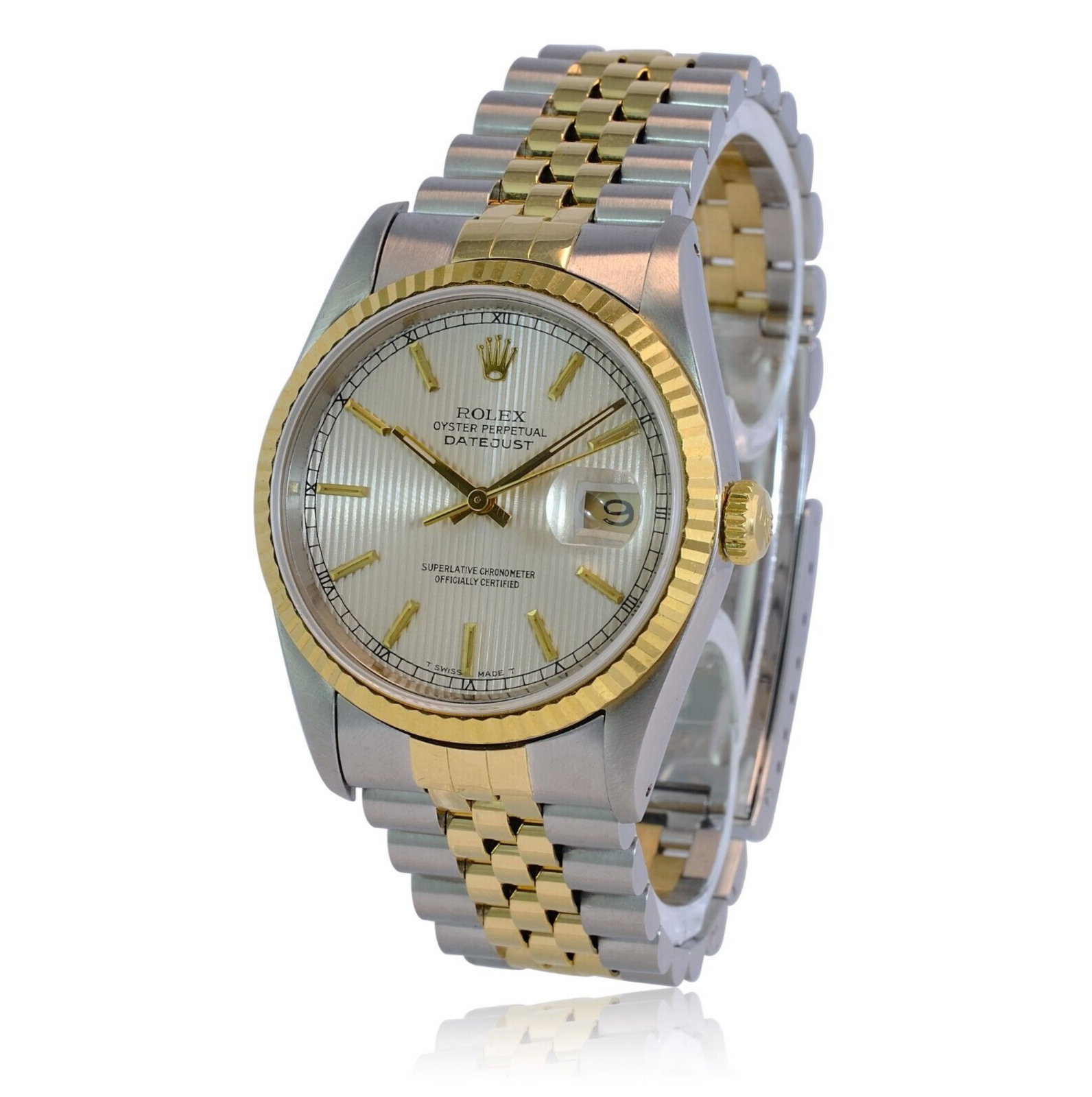 Rolex Men's Datejust 16233 Silver Tapestry Index Dial 18KY Gold Bezel 36mm Watch - luxuriantconcierge