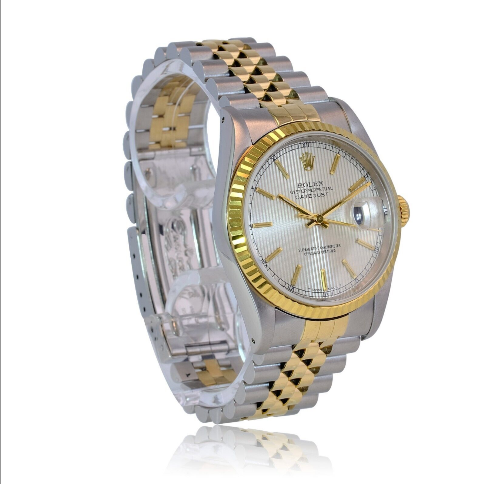 Rolex Men's Datejust 16233 Silver Tapestry Index Dial 18KY Gold Bezel 36mm Watch - luxuriantconcierge