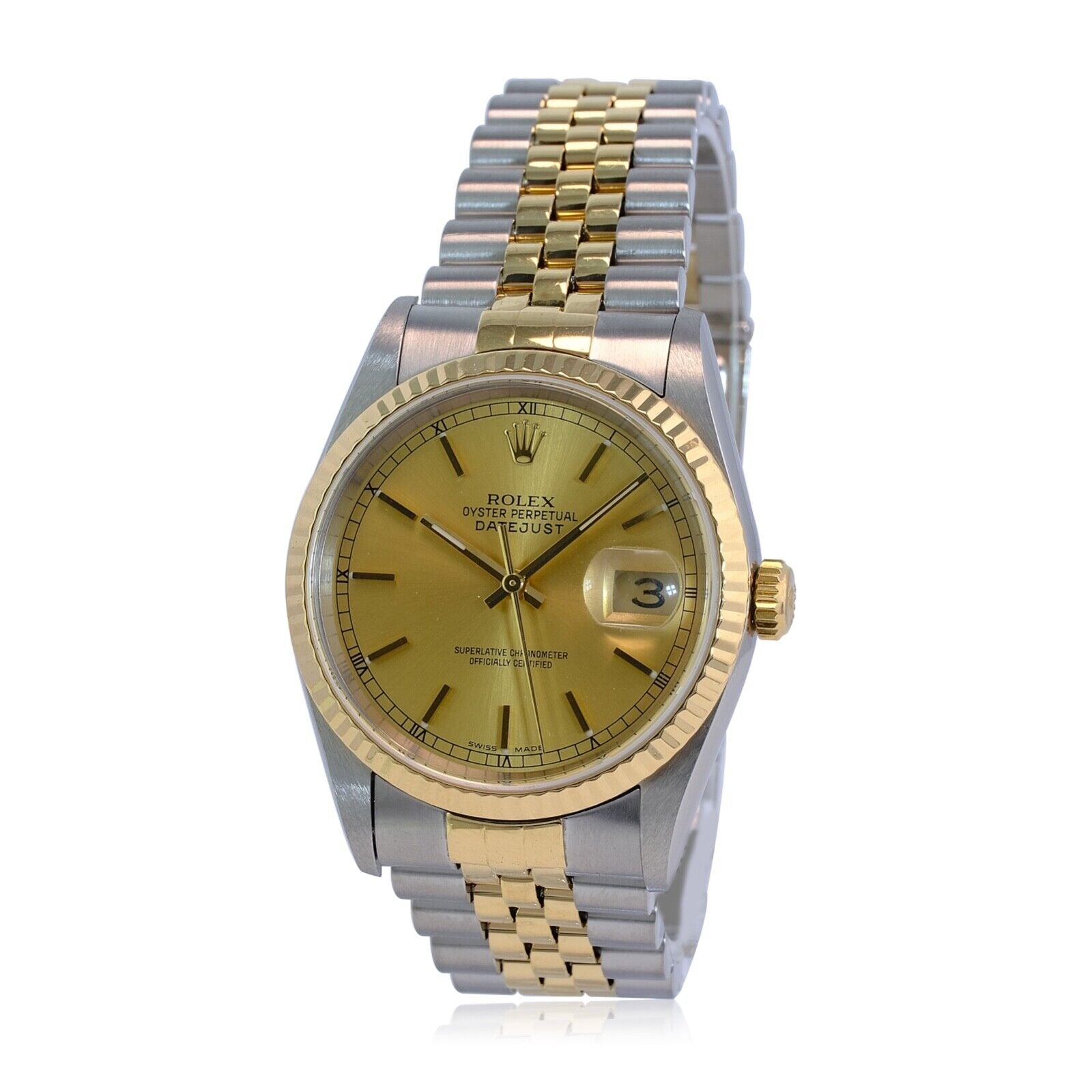 Rolex Datejust 16233 Watch 18KY & SS Factory Champagne Index Dial Jubilee 36mm - luxuriantconcierge