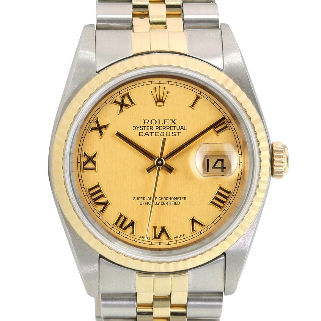 Rolex Datejust 16233 Mens Two-tone Champagne Roman Dial 18KY Gold & Steel Watch - luxuriantconcierge