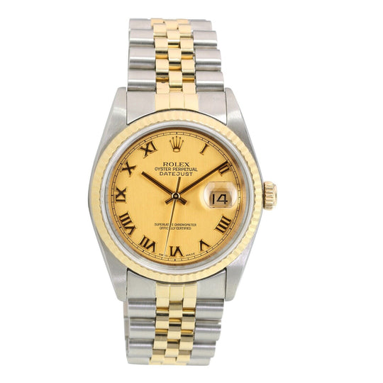 Rolex Datejust 16233 Mens Two-tone Champagne Roman Dial 18KY Gold & Steel Watch - luxuriantconcierge