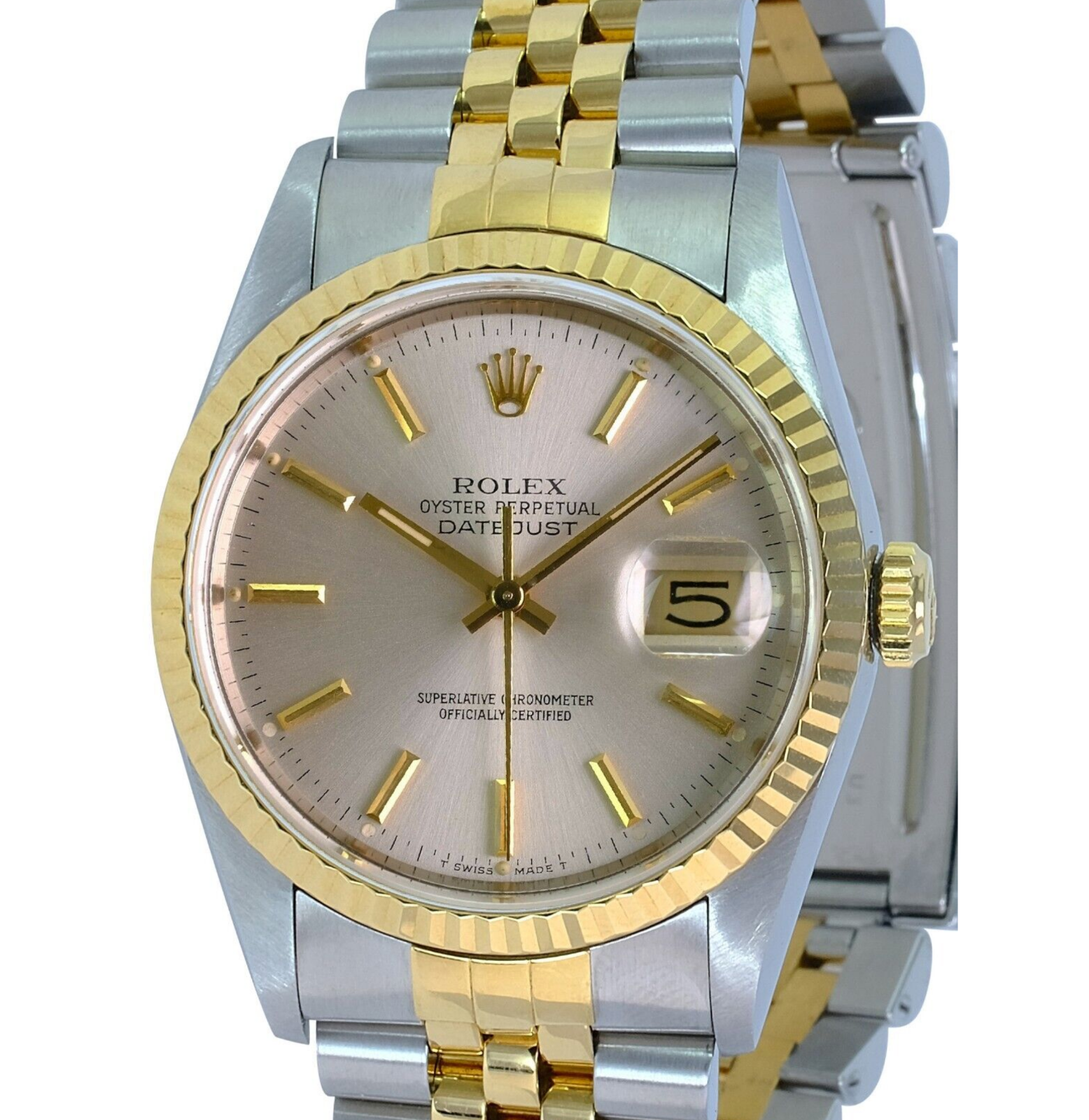 Rolex Men's Datejust 16233 Silver Dial 18ky Gold Fluted Bezel Jubilee 36mm Watch - luxuriantconcierge