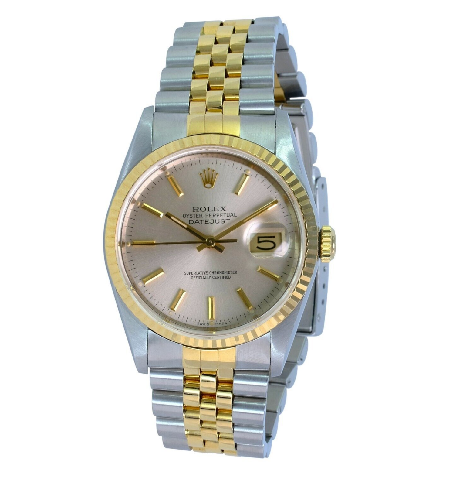 Rolex Men's Datejust 16233 Silver Dial 18ky Gold Fluted Bezel Jubilee 36mm Watch - luxuriantconcierge