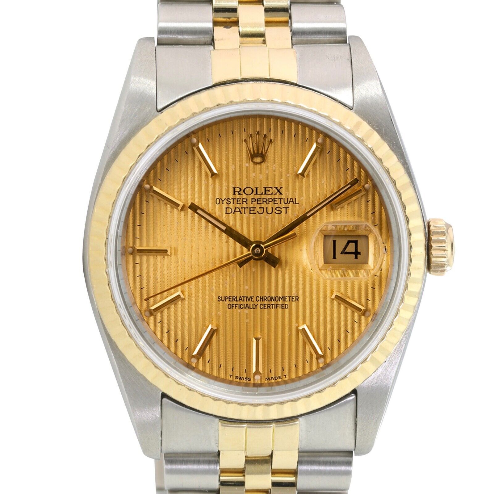 All Factory Rolex Datejust Mens Watch Champagne Tapestry Dial W/ Fluted Jubilee - luxuriantconcierge