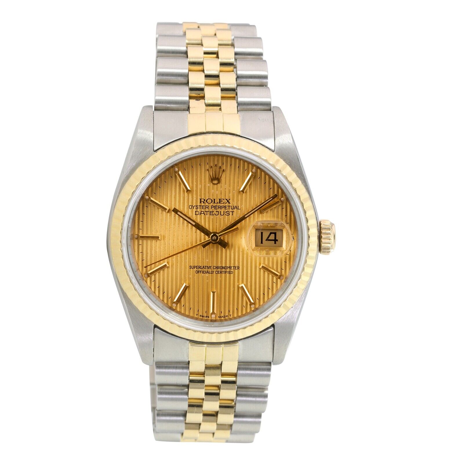 All Factory Rolex Datejust Mens Watch Champagne Tapestry Dial W/ Fluted Jubilee - luxuriantconcierge