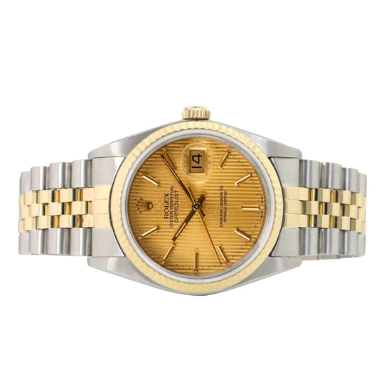 All Factory Rolex Datejust Mens Watch Champagne Tapestry Dial W/ Fluted Jubilee - luxuriantconcierge