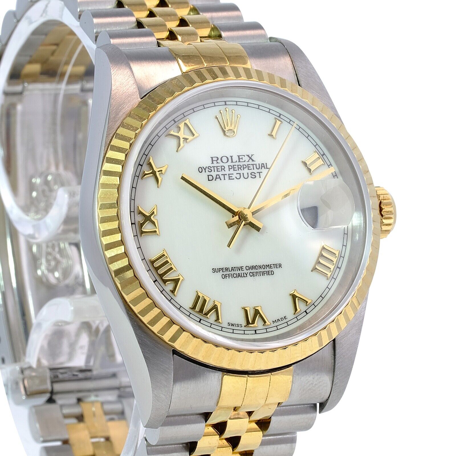 Rolex Datejust Mens Watch 18ky & Steel White Roman Dial Fluted Jubilee Band 36mm - luxuriantconcierge