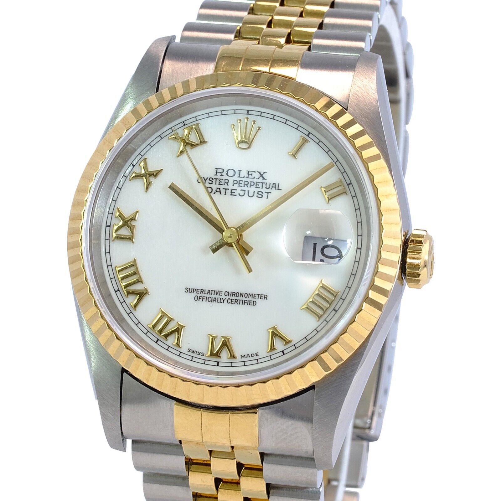 Rolex Datejust Mens Watch 18ky & Steel White Roman Dial Fluted Jubilee Band 36mm - luxuriantconcierge