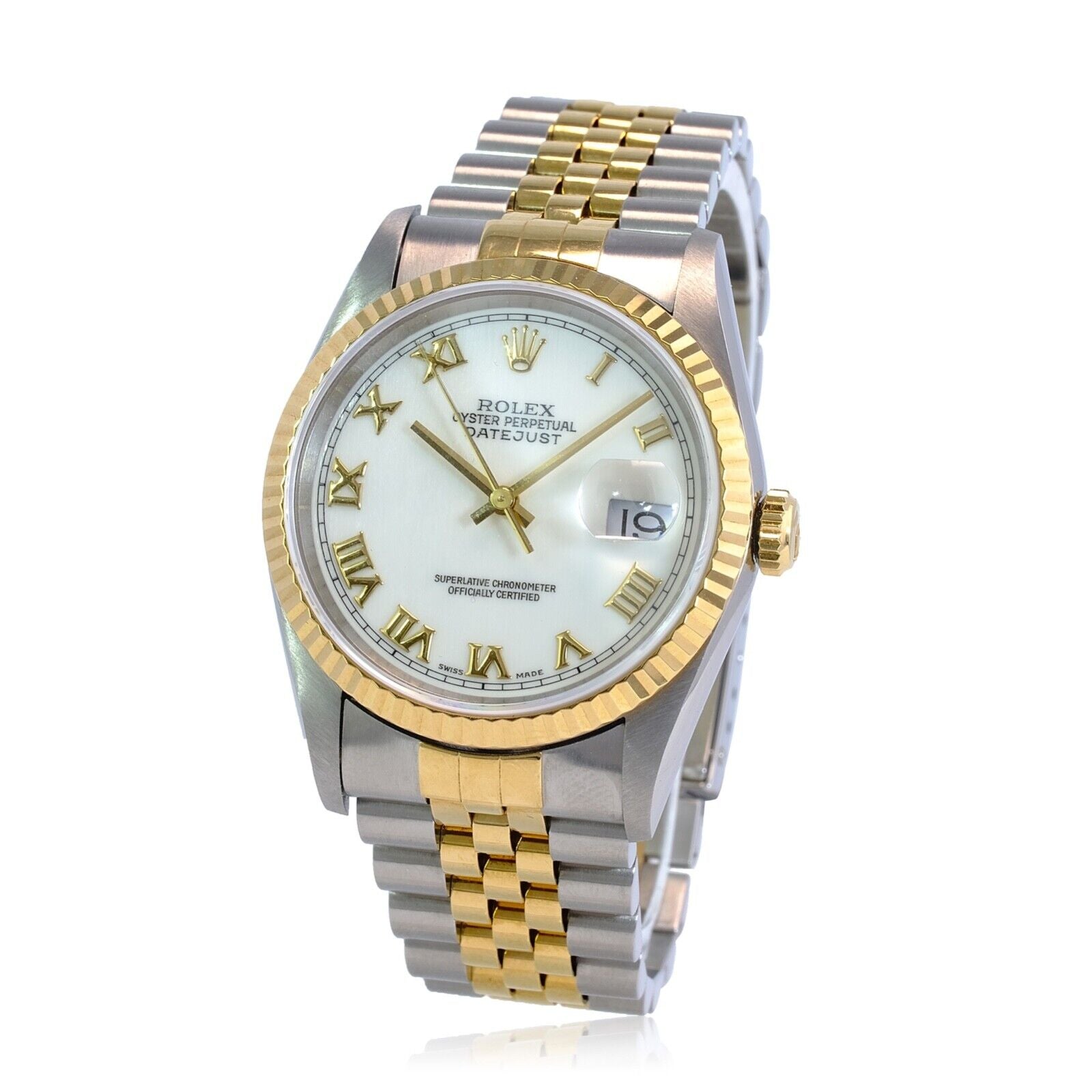 Rolex Datejust Mens Watch 18ky & Steel White Roman Dial Fluted Jubilee Band 36mm - luxuriantconcierge