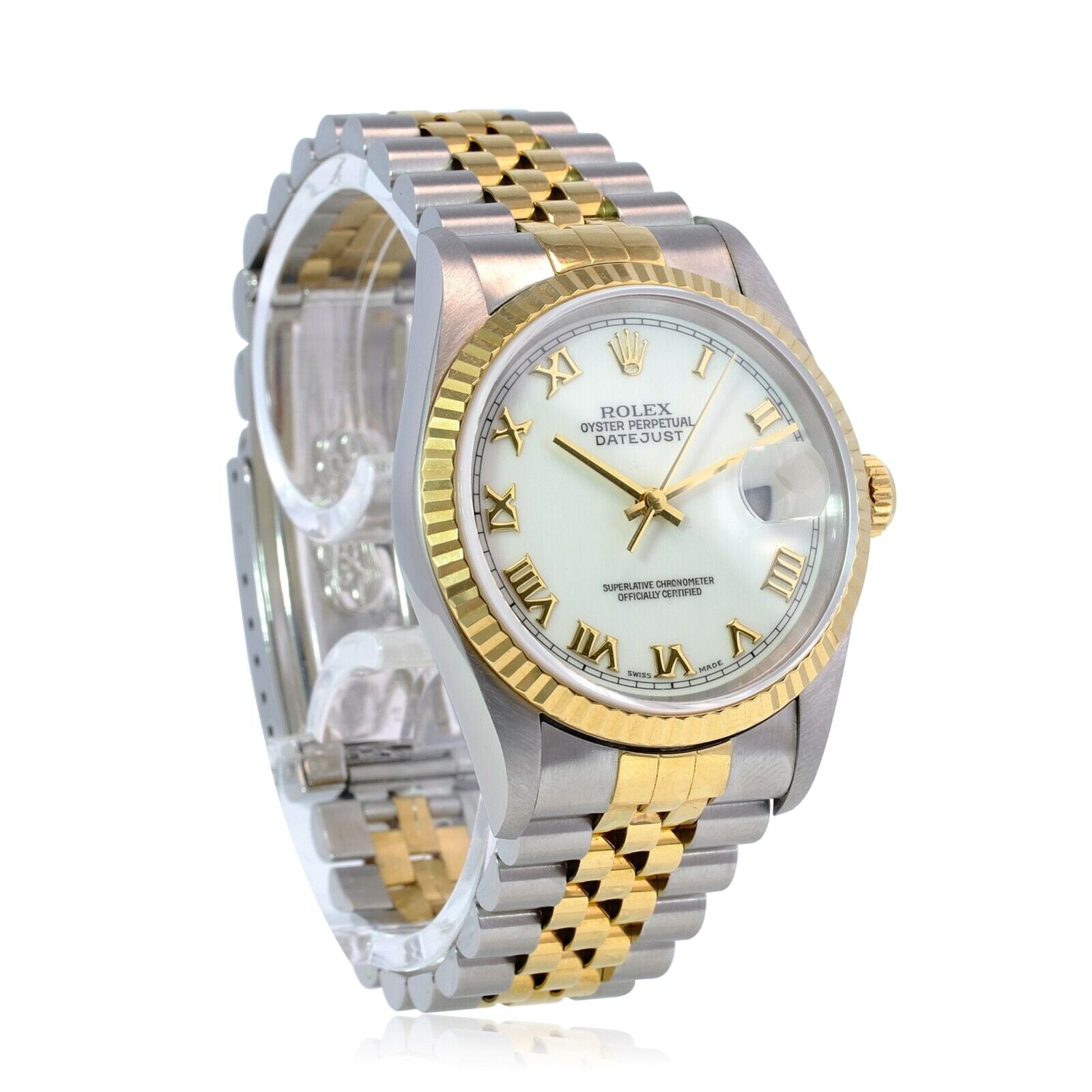 Rolex Datejust Mens Watch 18ky & Steel White Roman Dial Fluted Jubilee Band 36mm - luxuriantconcierge