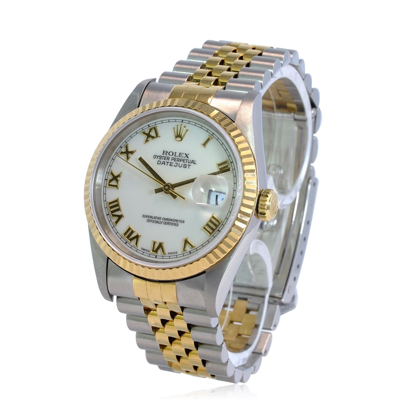 Rolex Datejust Mens Watch 18ky & Steel White Roman Dial Fluted Jubilee Band 36mm - luxuriantconcierge