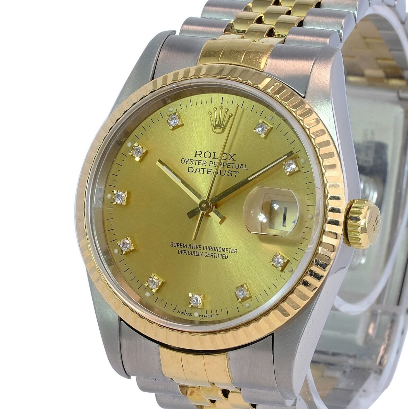 Rolex Men's Datejust Champagne Diamond Dial Fluted Bezel 36mm Watch Box & Papers - luxuriantconcierge