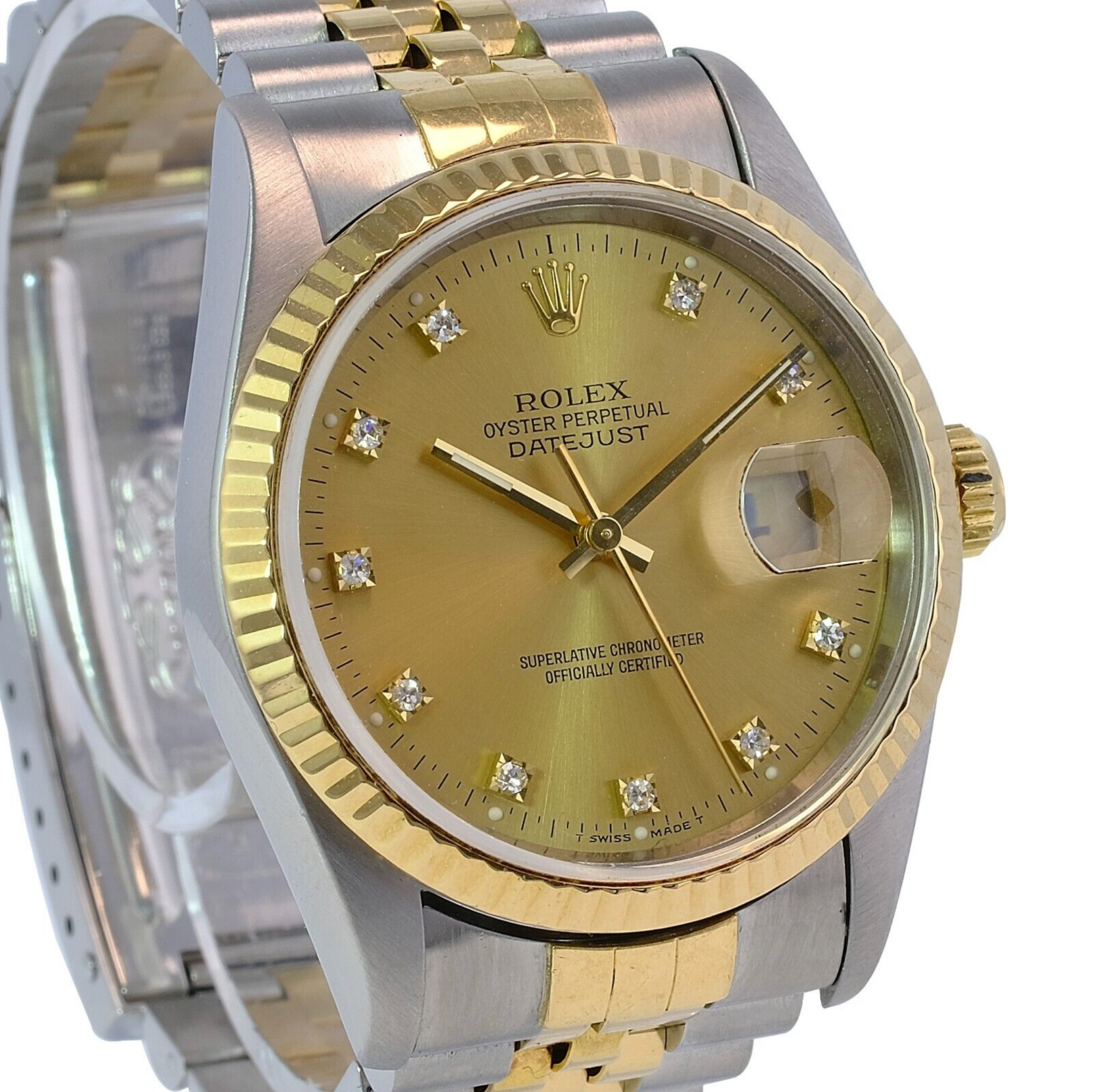 Rolex Men's Datejust Champagne Diamond Dial Fluted Bezel 36mm Watch Box & Papers - luxuriantconcierge