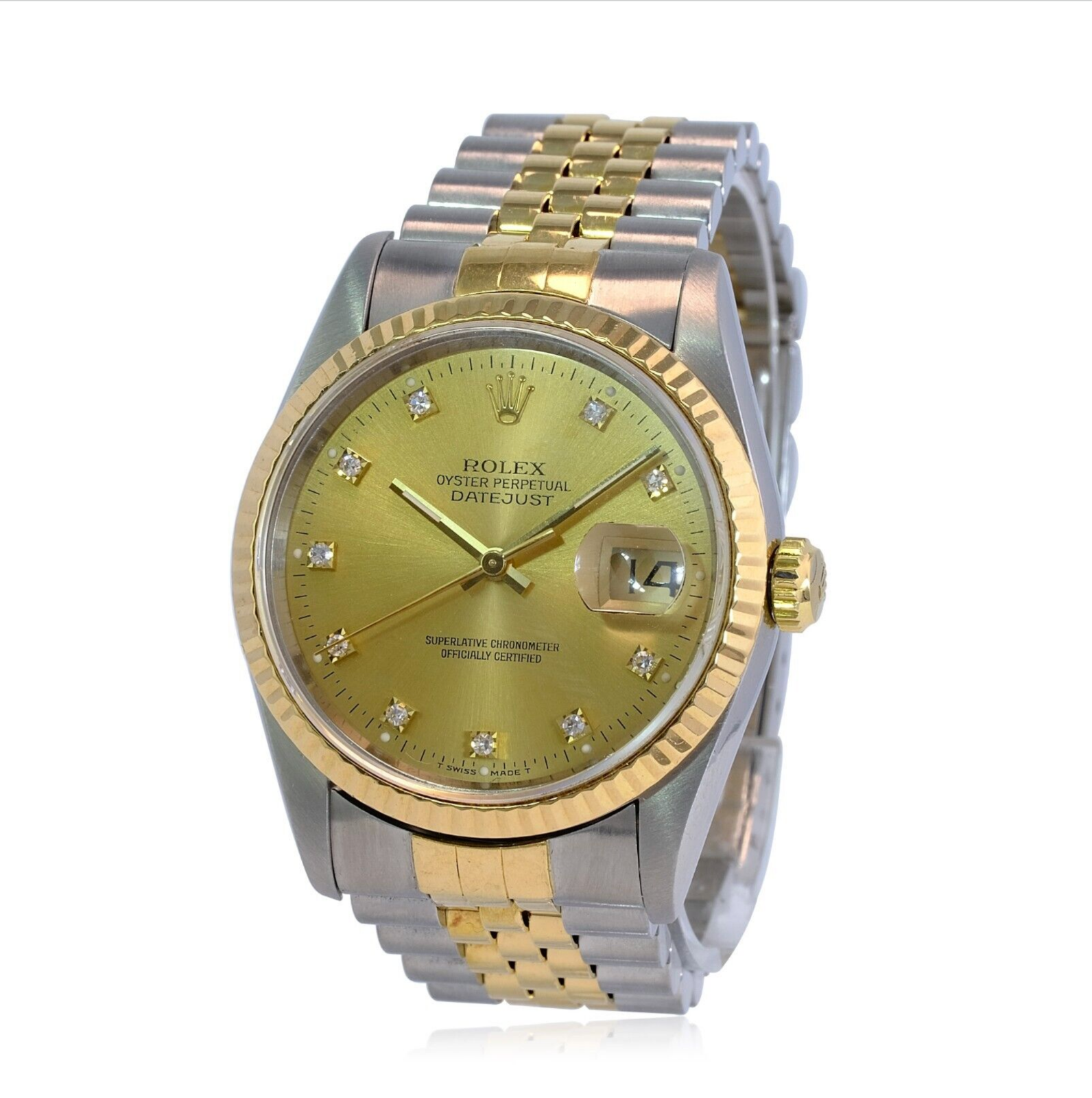 Rolex Men's Datejust Champagne Diamond Dial Fluted Bezel 36mm Watch Box & Papers - luxuriantconcierge