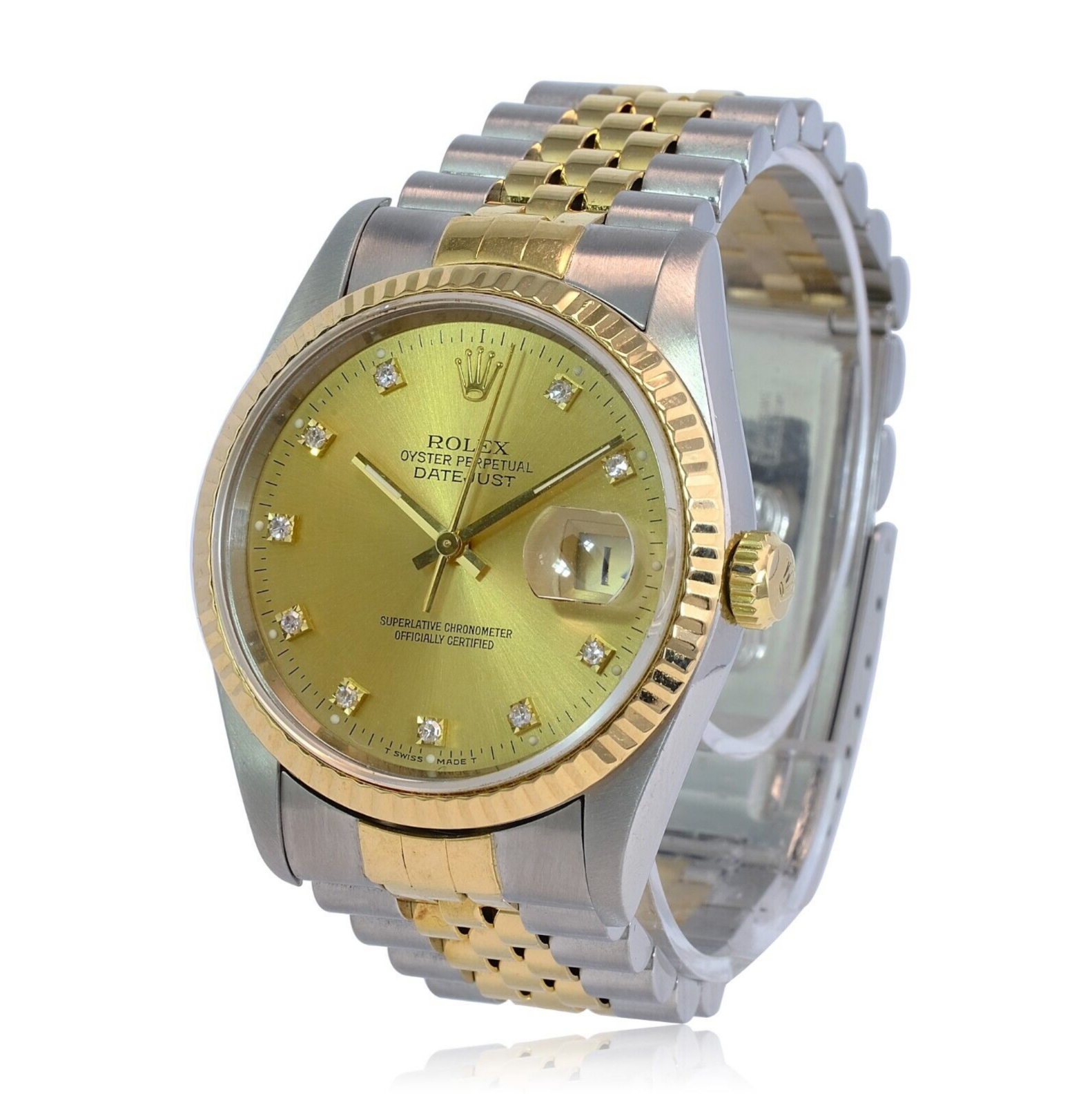 Rolex Men's Datejust Champagne Diamond Dial Fluted Bezel 36mm Watch Box & Papers - luxuriantconcierge