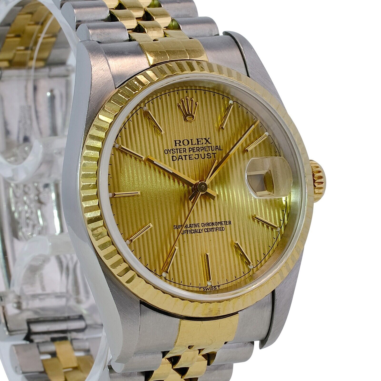 Rolex Datejust Mens Two-tone Watch Champagne Tapestry Dial Fluted Jubilee Band - luxuriantconcierge