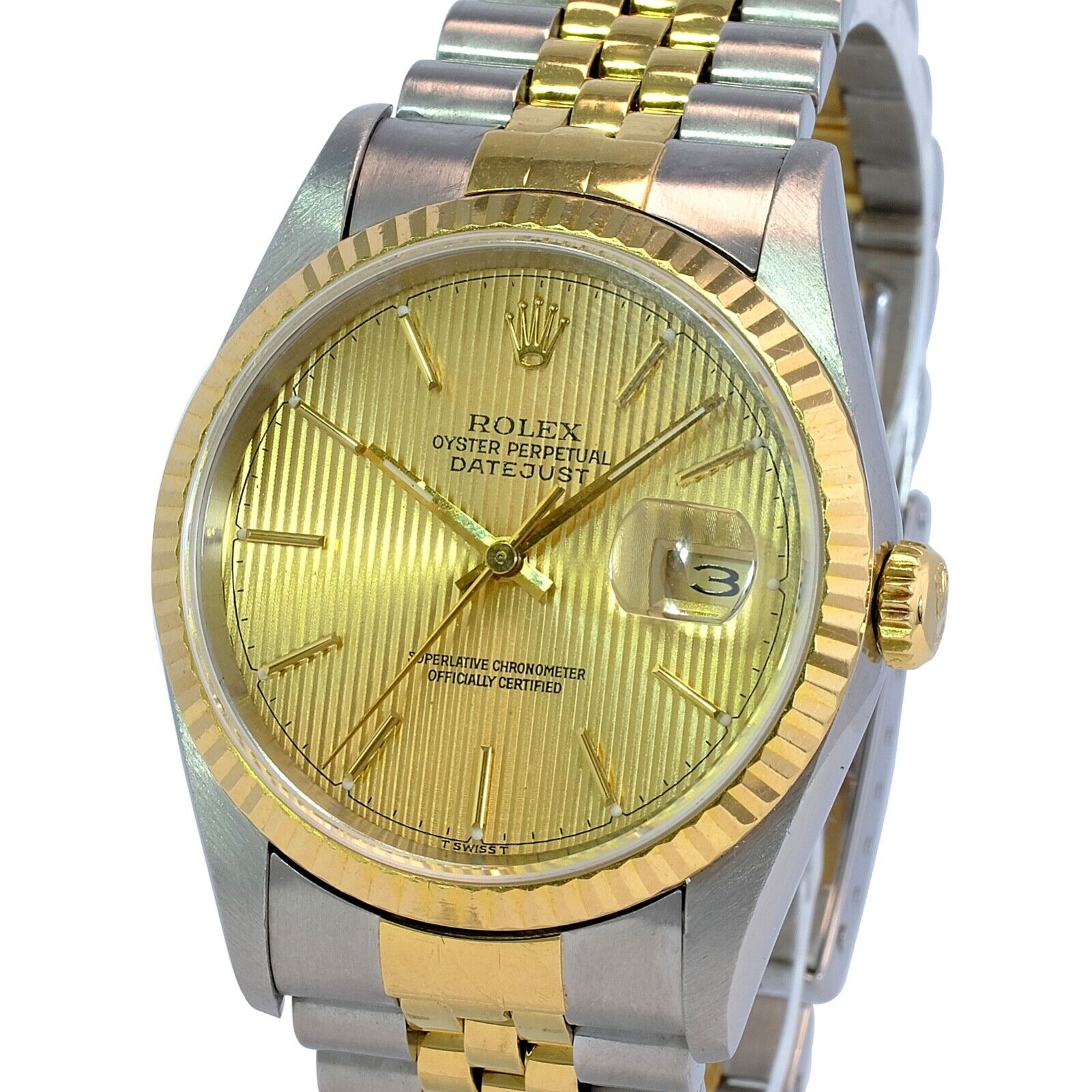 Rolex Datejust Mens Two-tone Watch Champagne Tapestry Dial Fluted Jubilee Band - luxuriantconcierge