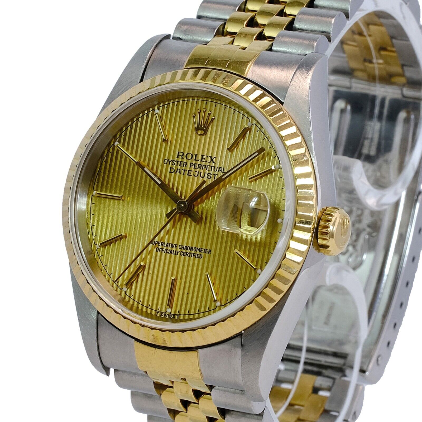 Rolex Datejust Mens Two-tone Watch Champagne Tapestry Dial Fluted Jubilee Band - luxuriantconcierge