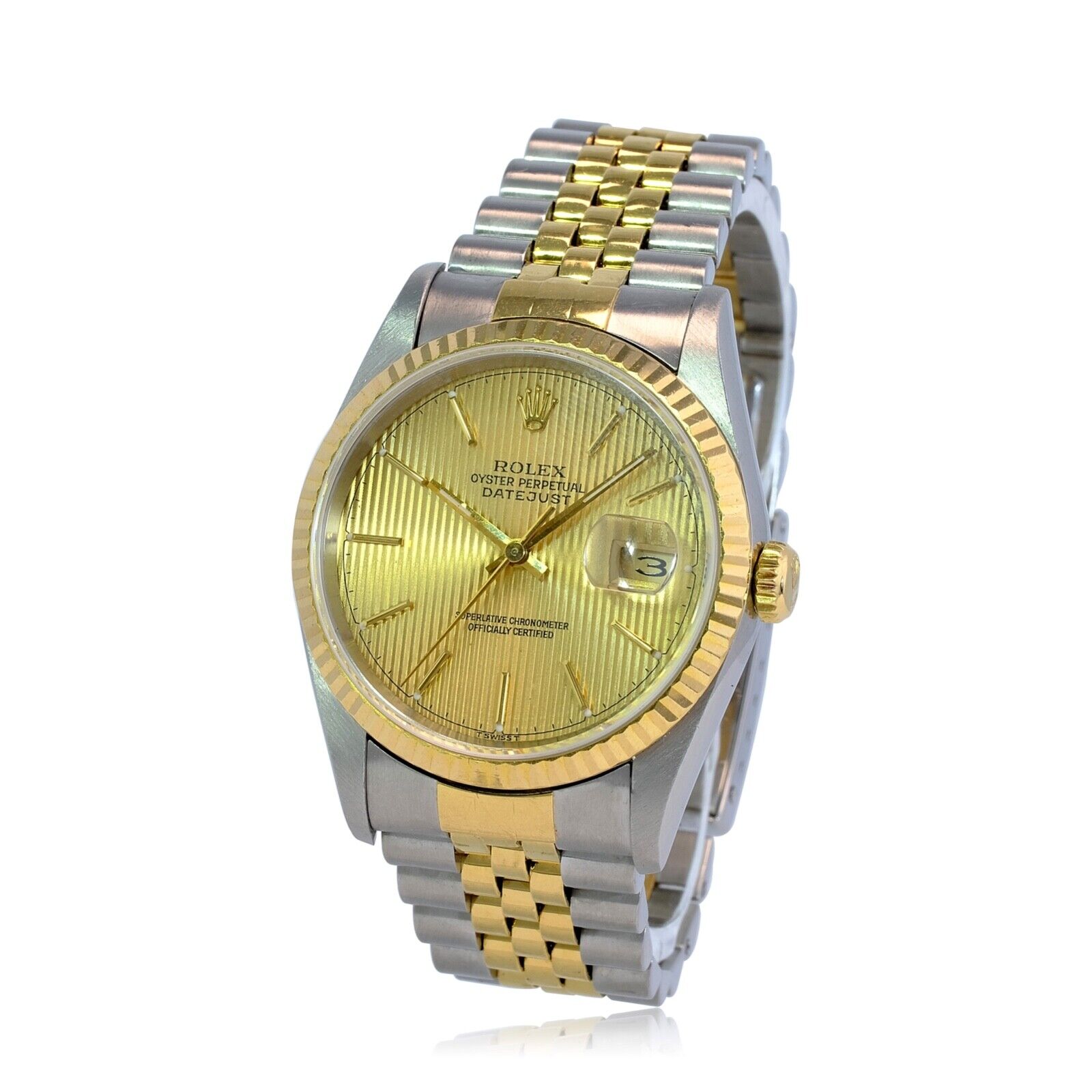 Rolex Datejust Mens Two-tone Watch Champagne Tapestry Dial Fluted Jubilee Band - luxuriantconcierge