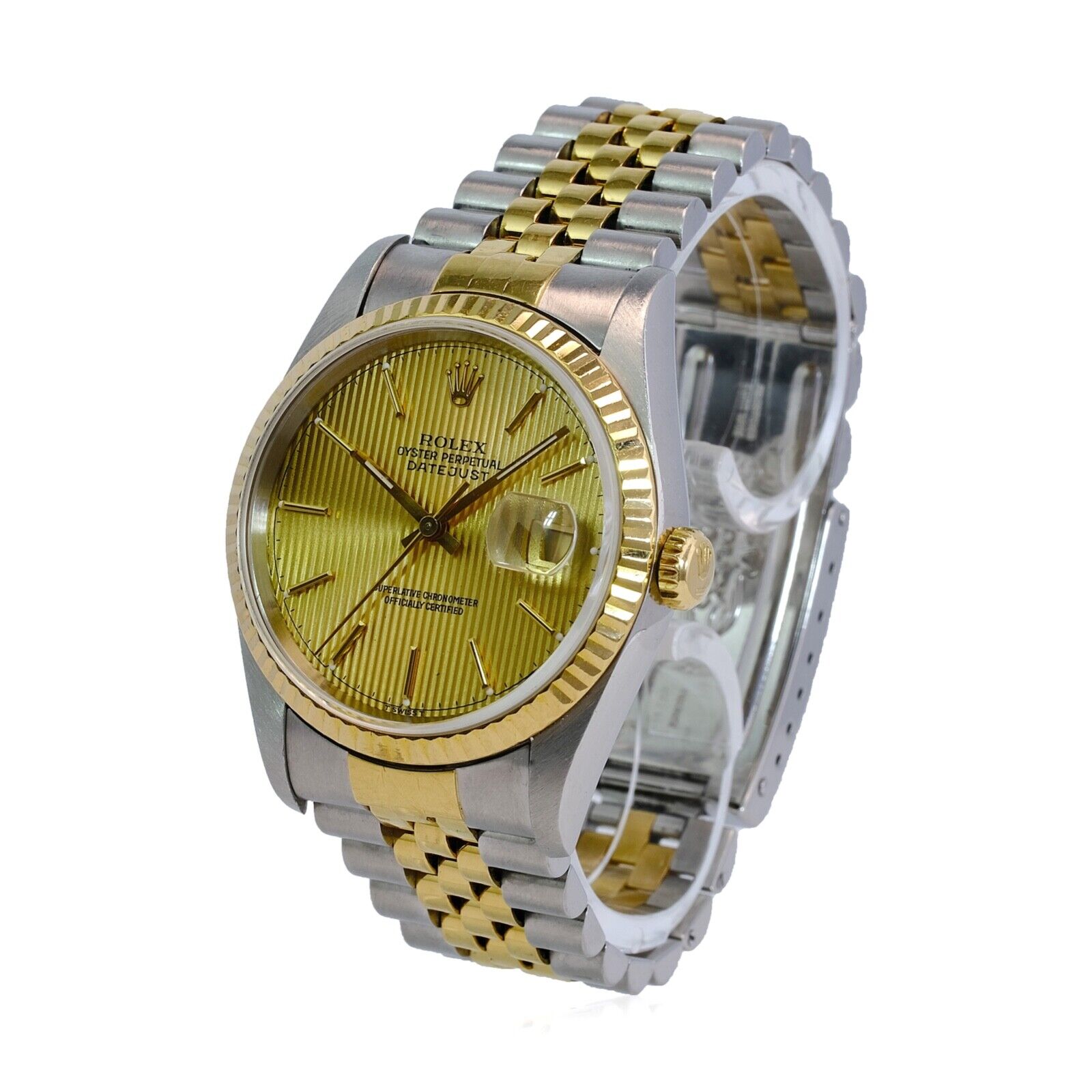 Rolex Datejust Mens Two-tone Watch Champagne Tapestry Dial Fluted Jubilee Band - luxuriantconcierge