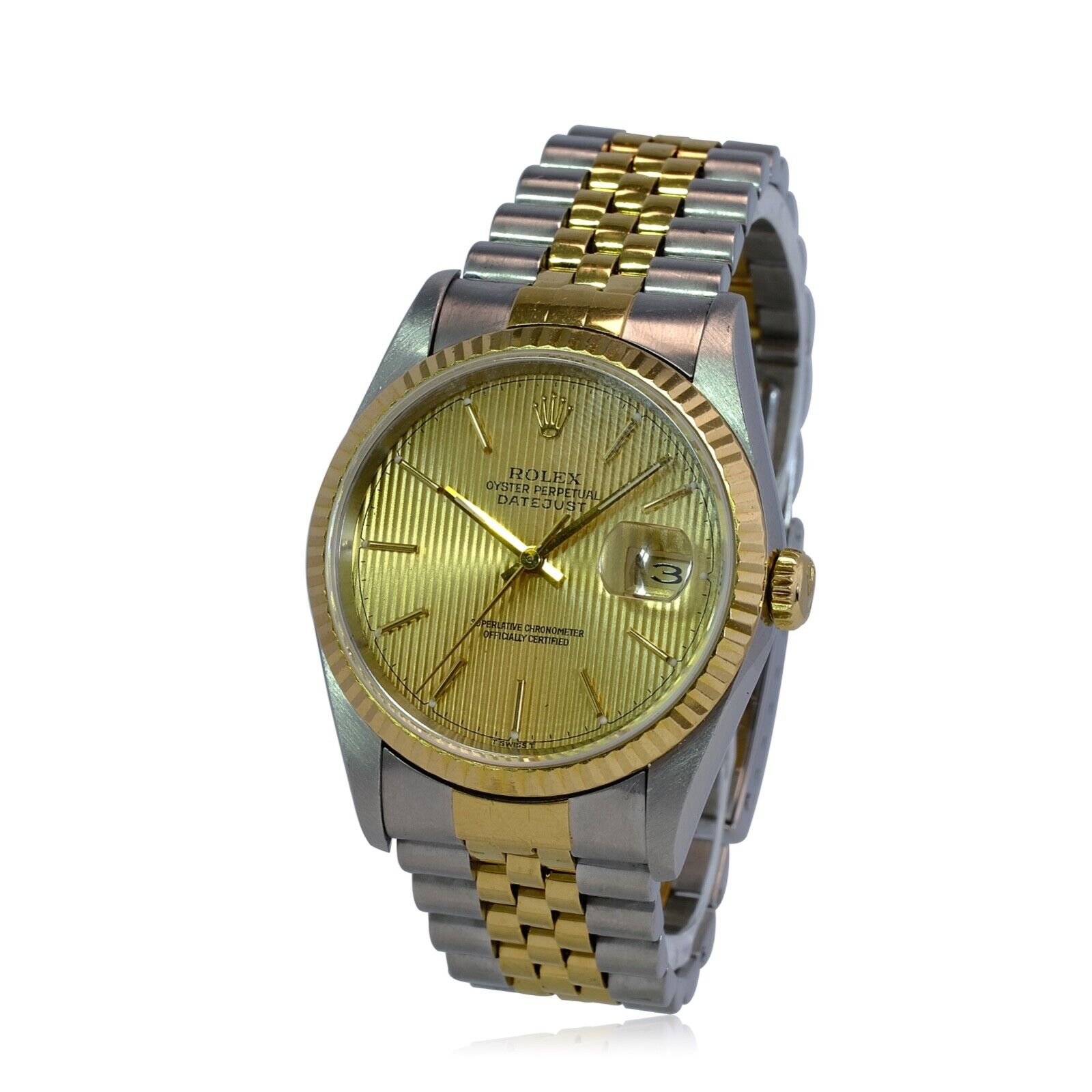 Rolex Datejust Mens Two-tone Watch Champagne Tapestry Dial Fluted Jubilee Band - luxuriantconcierge