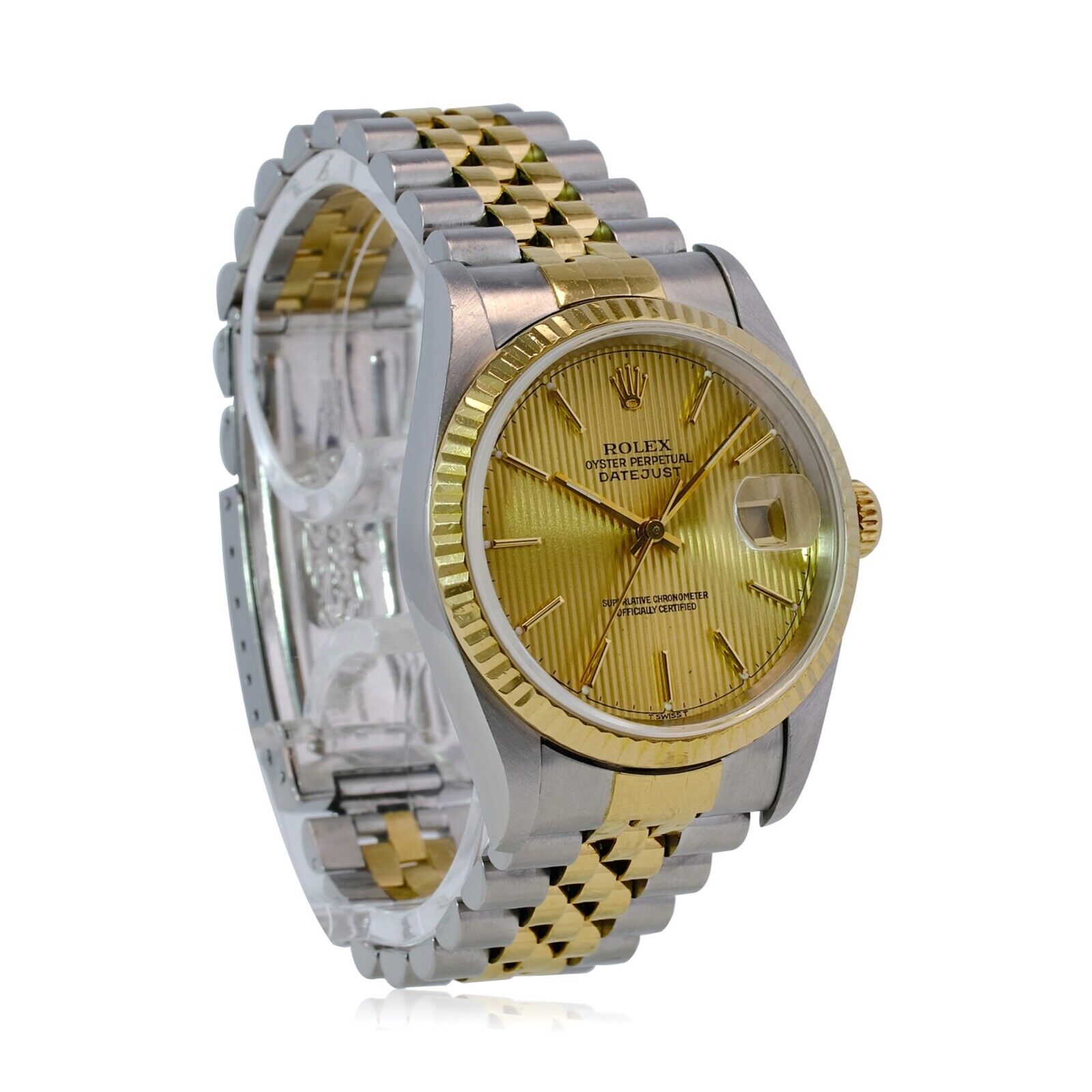 Rolex Datejust Mens Two-tone Watch Champagne Tapestry Dial Fluted Jubilee Band - luxuriantconcierge