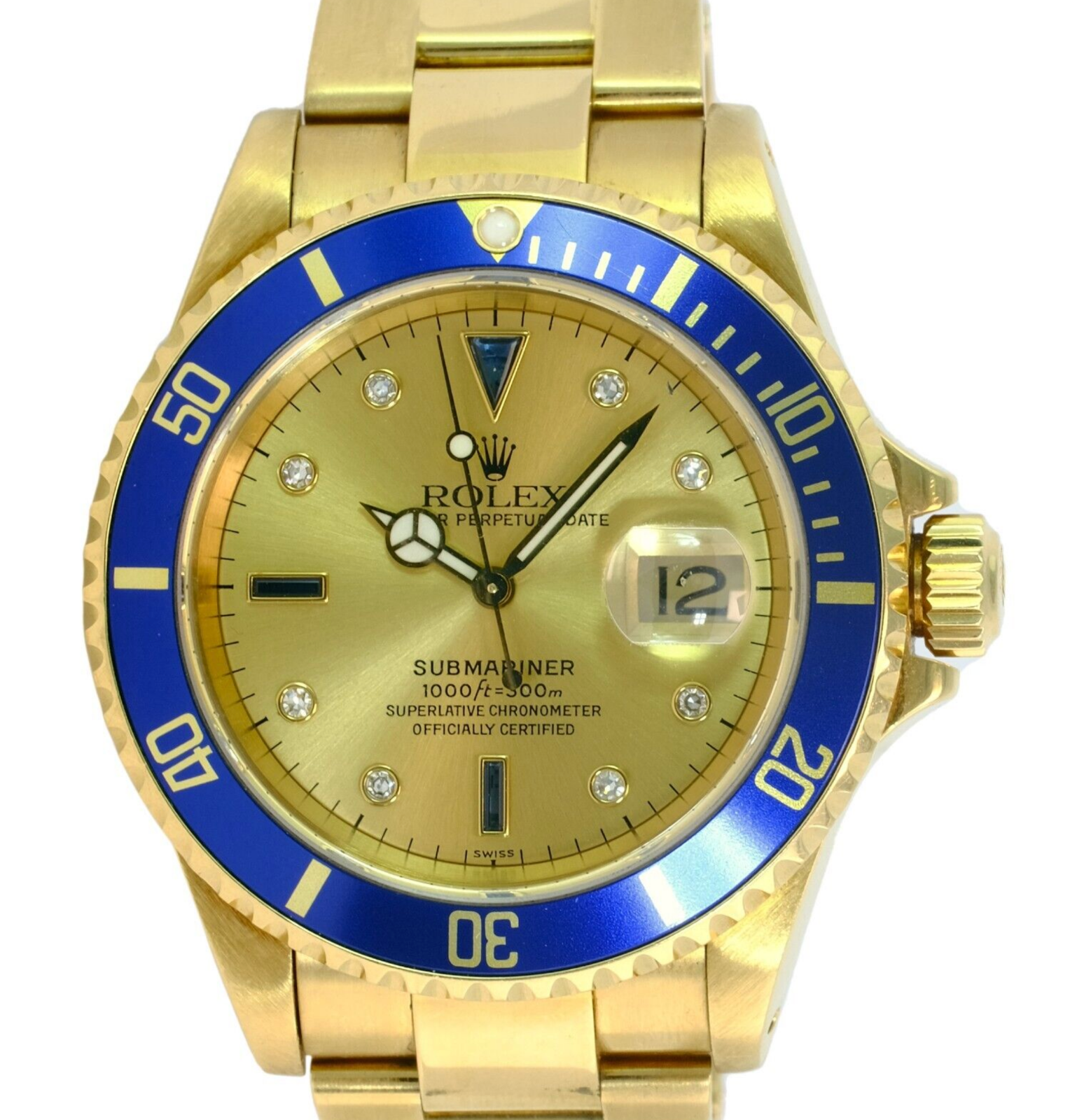 Rolex Men's Submariner 16618 18KY Gold Champagne Serti 40mm Watch W/ Papers - luxuriantconcierge