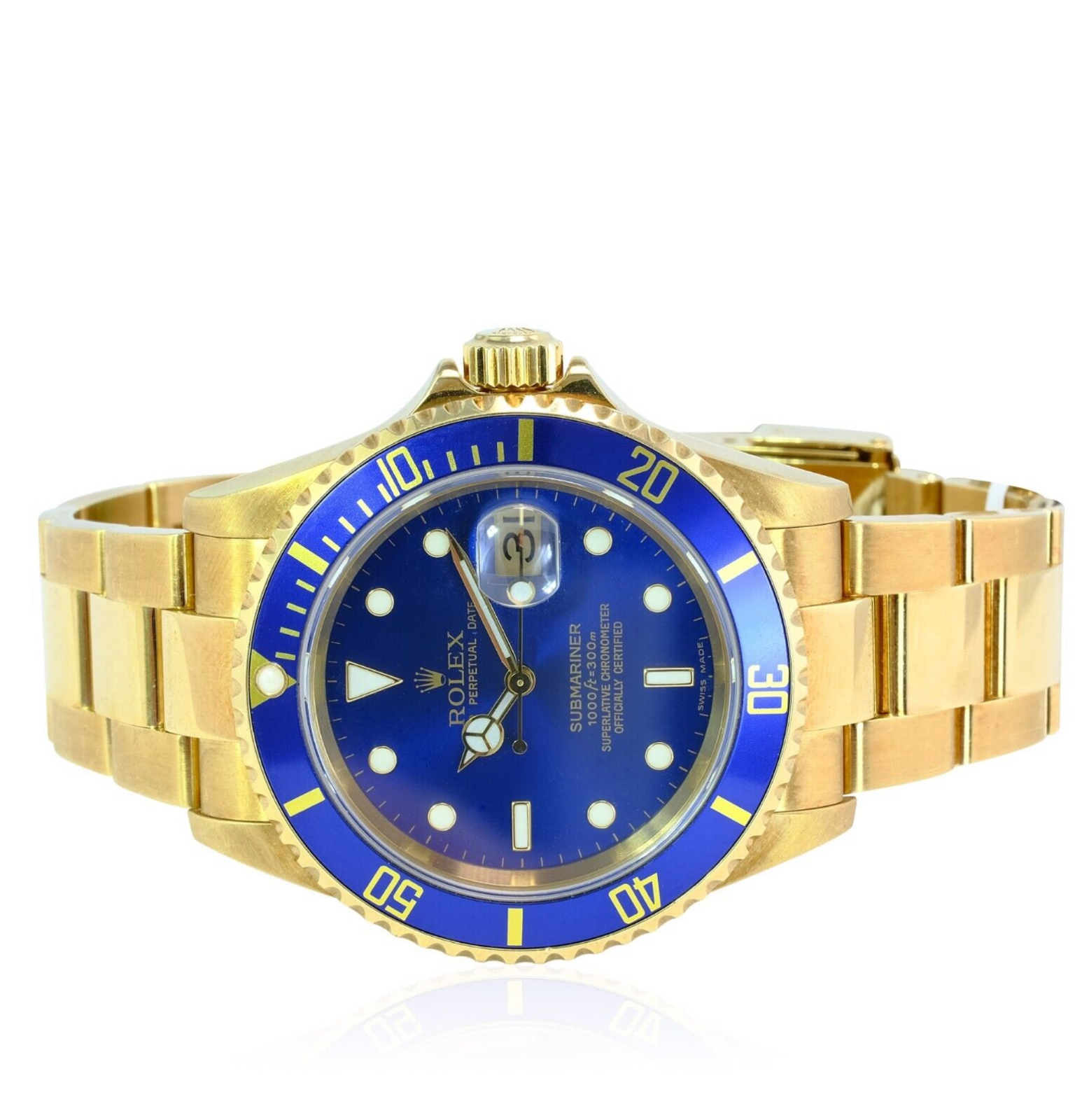 Rolex Men's Submariner 16618 18ky Gold Blue Dial/insert 40mm Watch W/ Box-papers - luxuriantconcierge