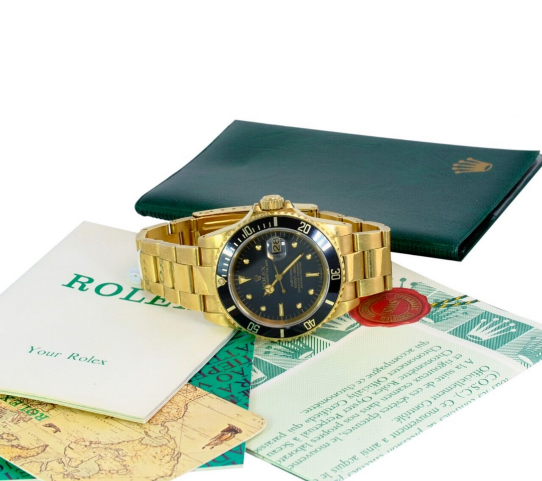 Rolex Men's Submariner 16808 Watch 18KY Gold Black Nipple Dial W/ Box & Papers - luxuriantconcierge